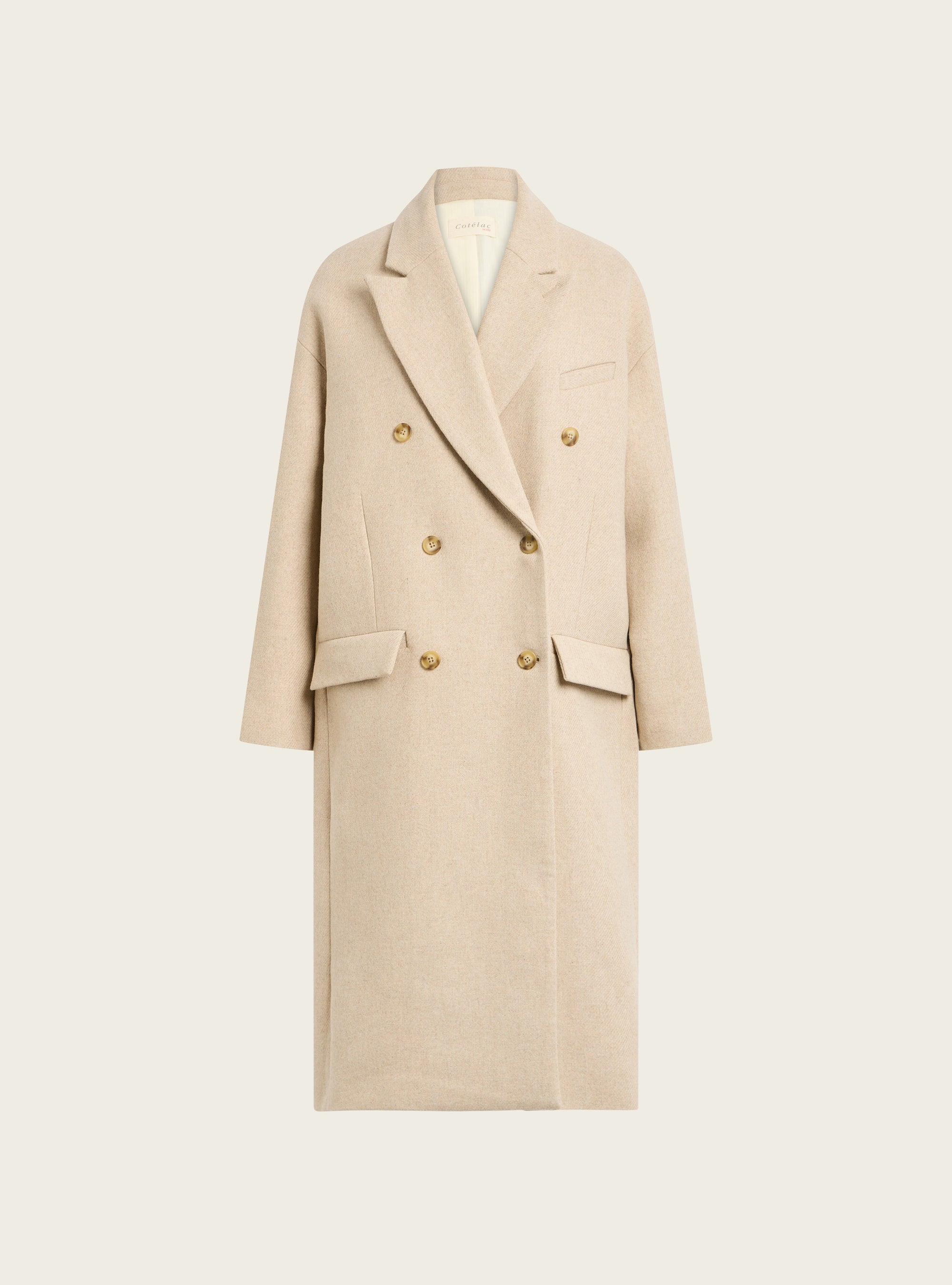 Manteau long croisé en drap de laine recyclée acoté