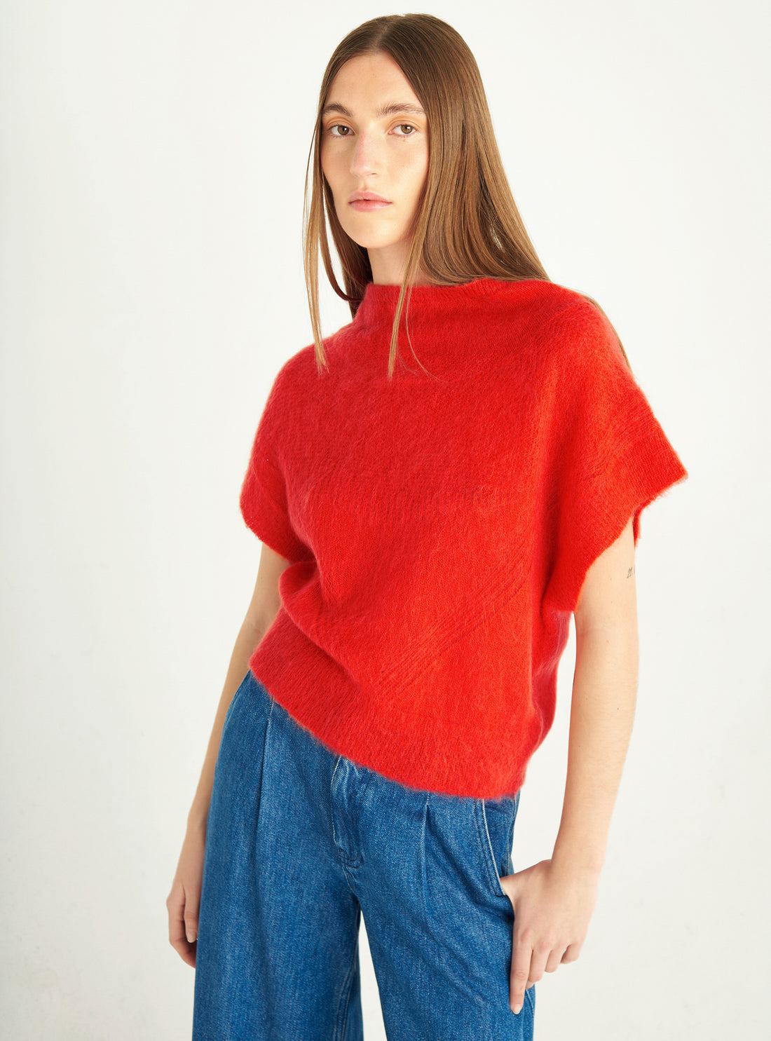 Short-sleeved brushed mohair sweater