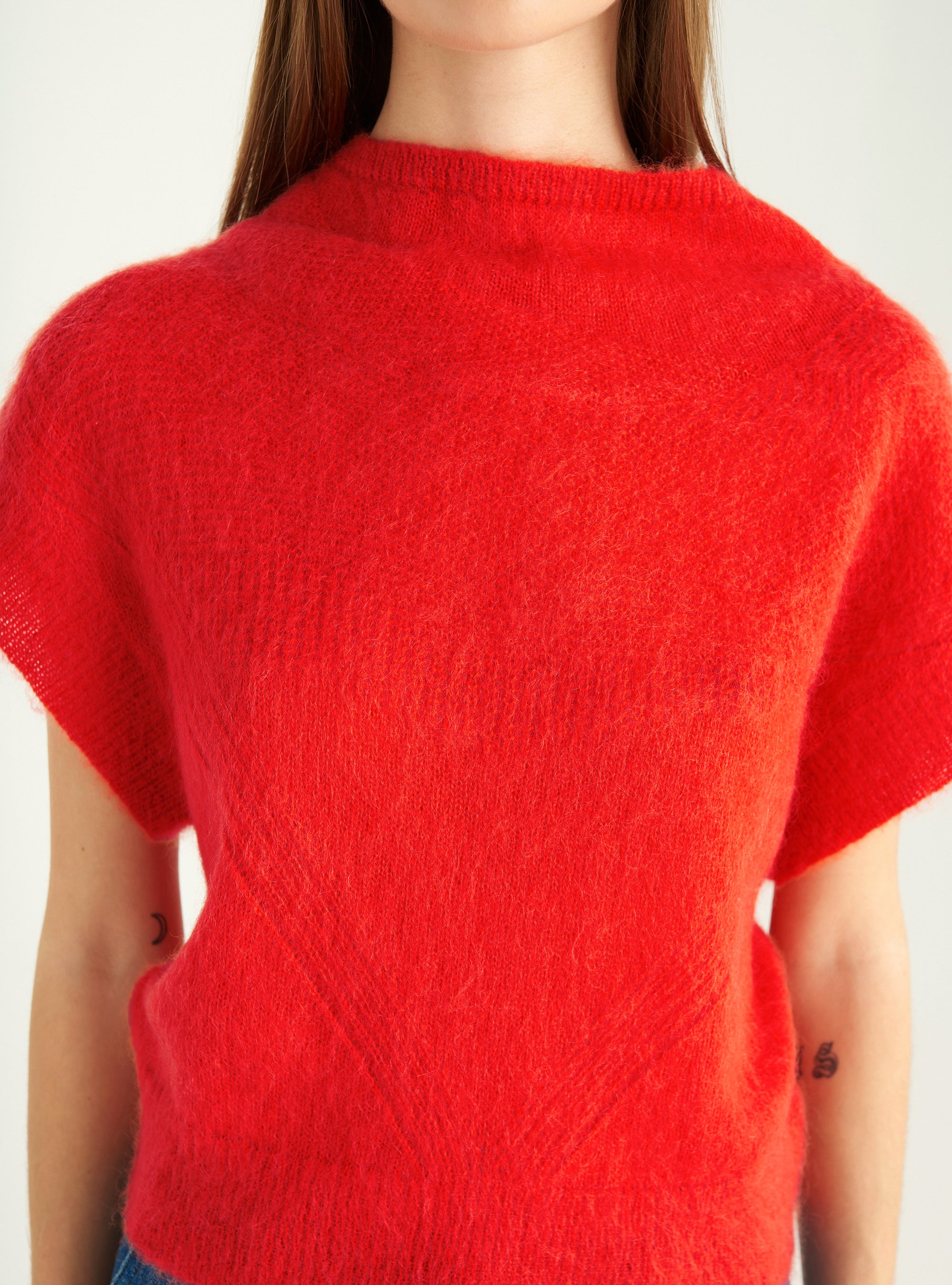 Short-sleeved brushed mohair sweater