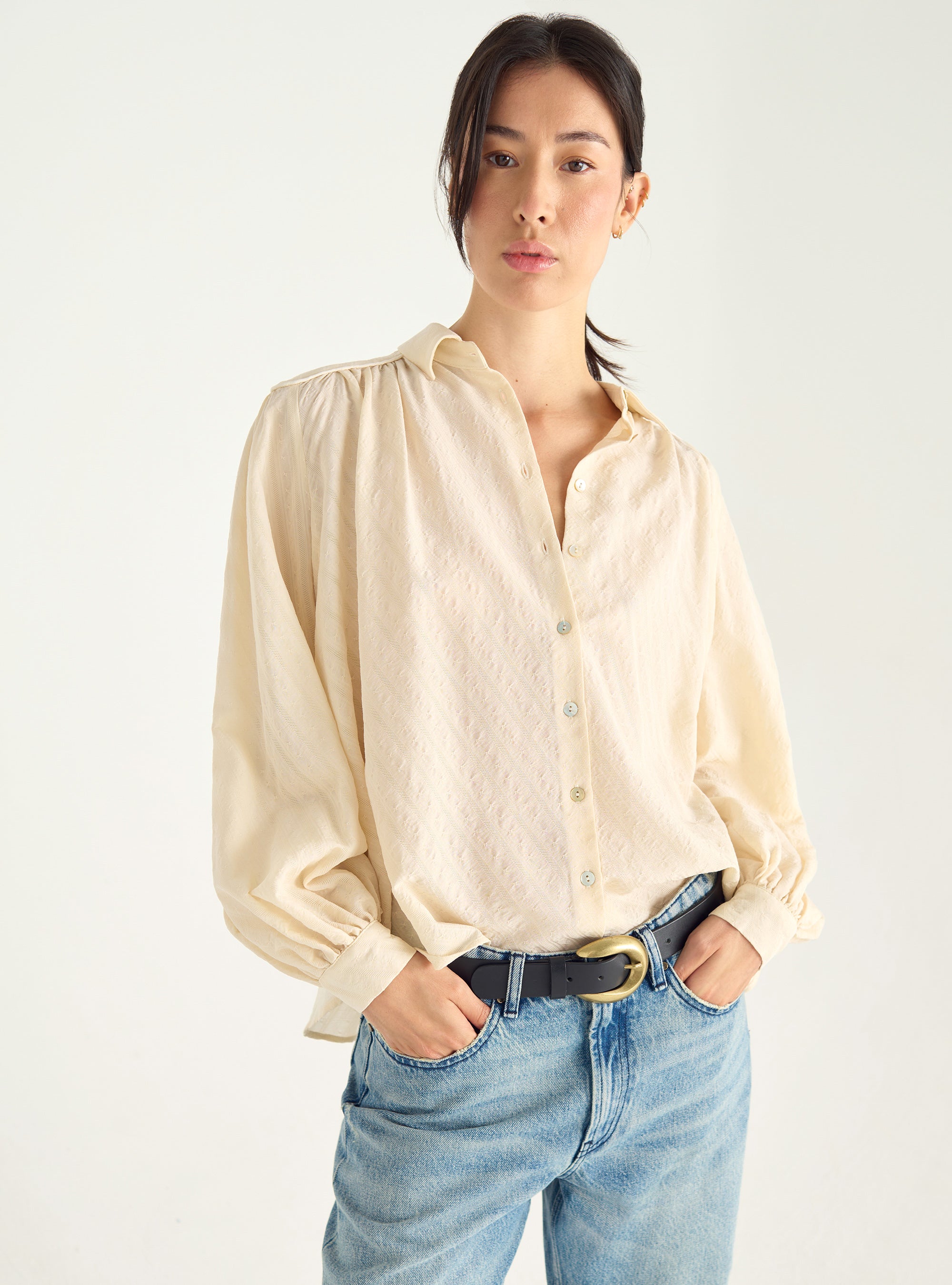 Jacquard cotton shirt with V-neck