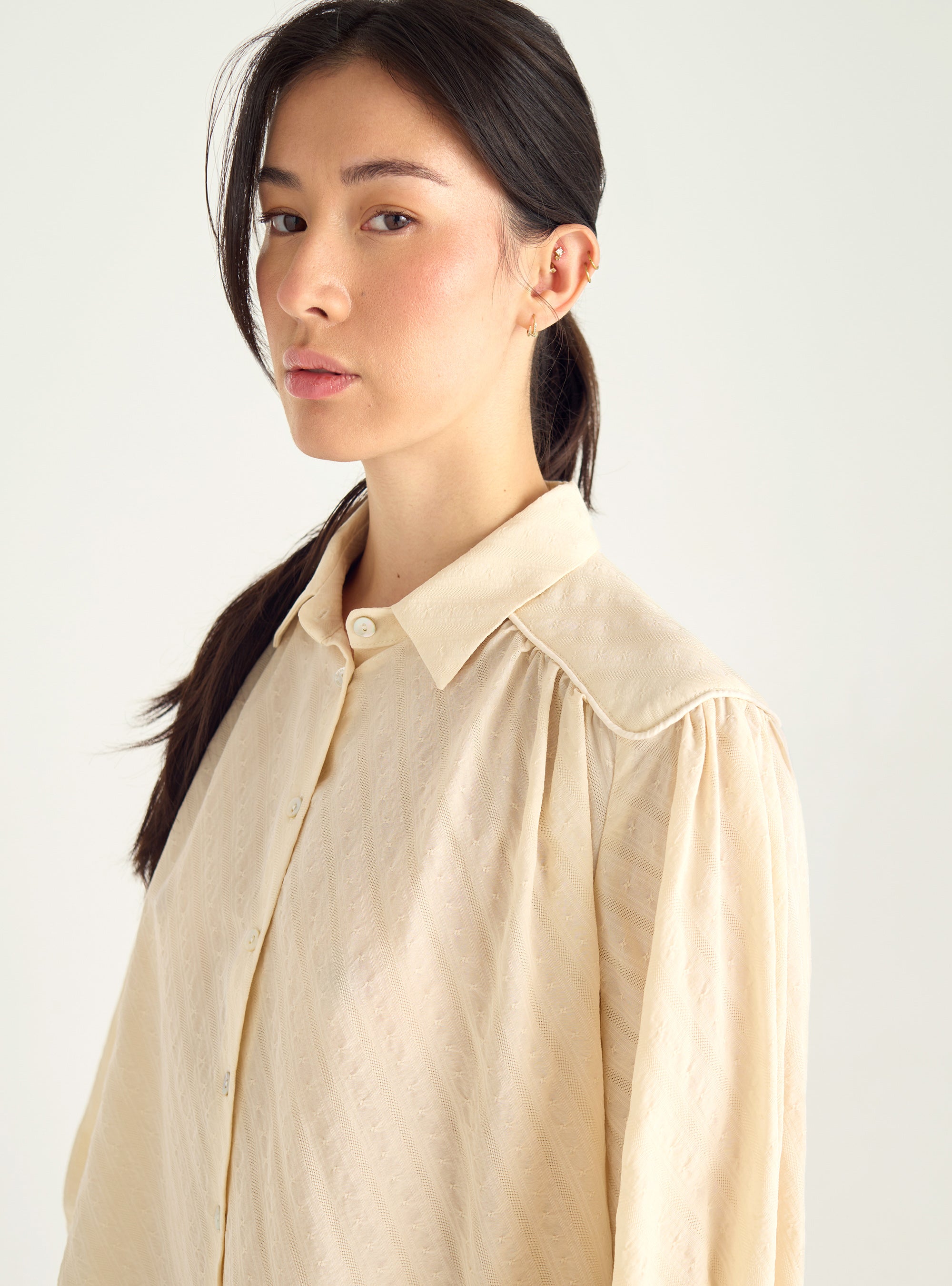 Jacquard cotton shirt with V-neck