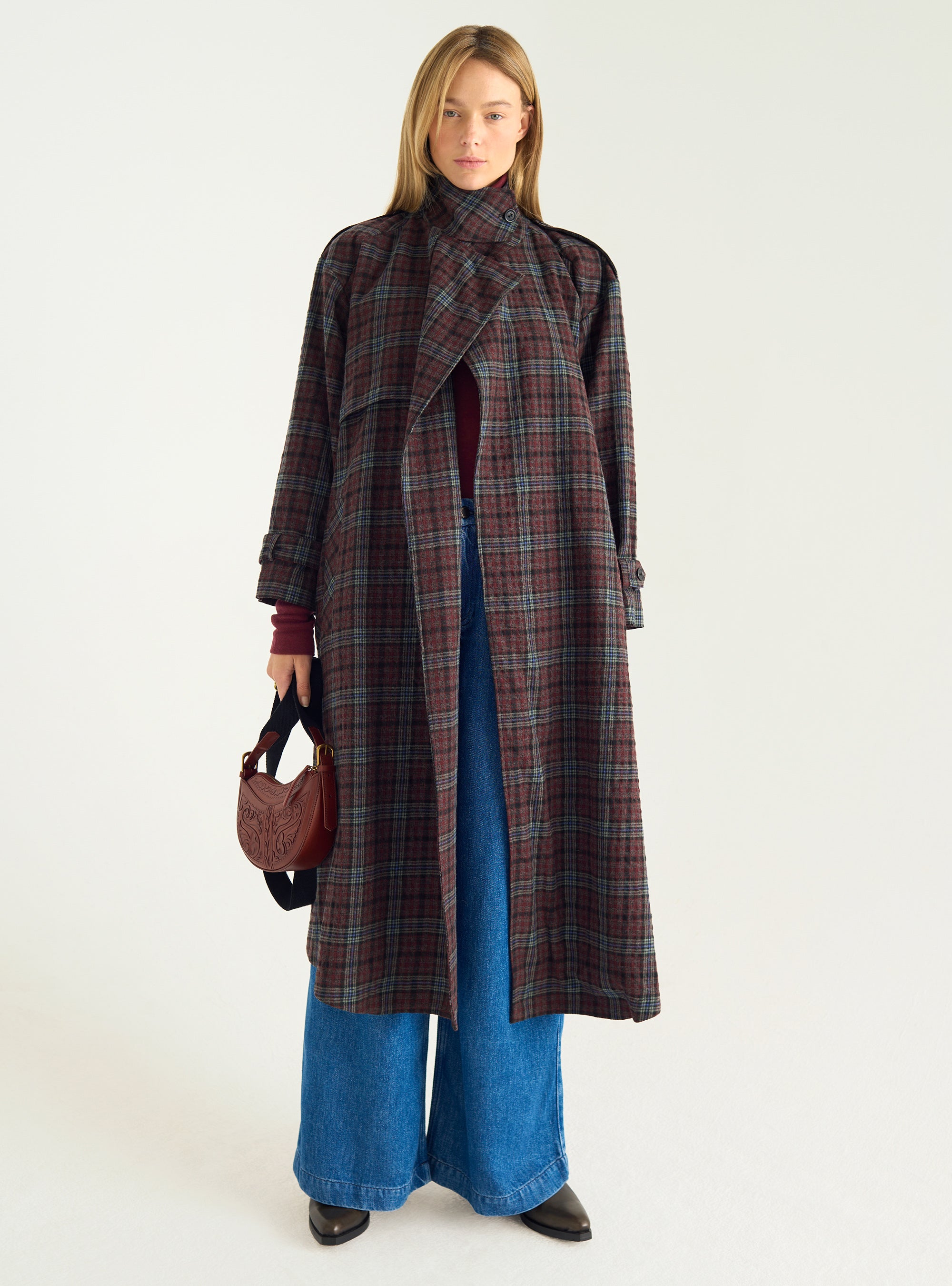 Karierter Trenchcoat aus Wolle und Baumwolle