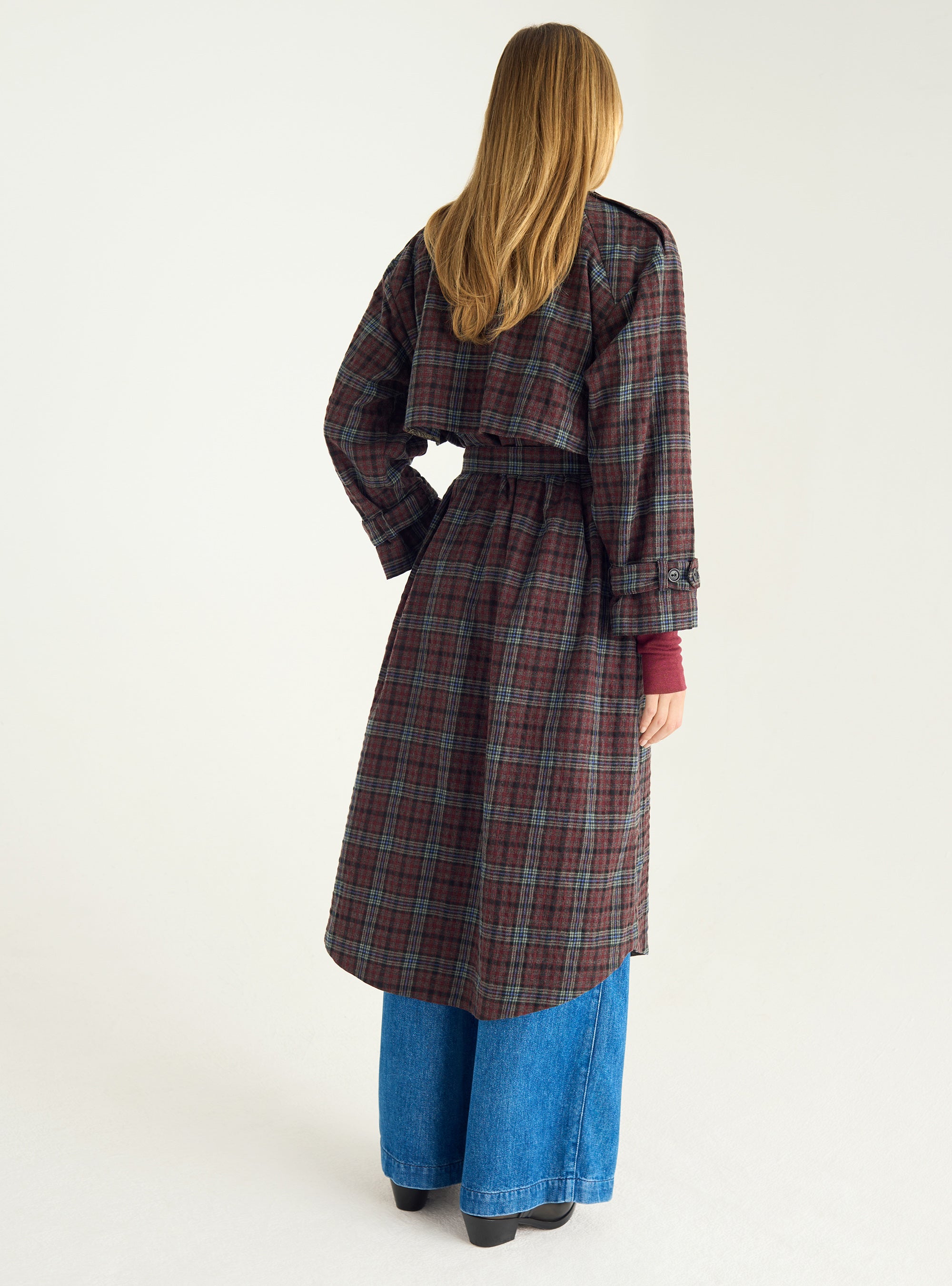 Karierter Trenchcoat aus Wolle und Baumwolle