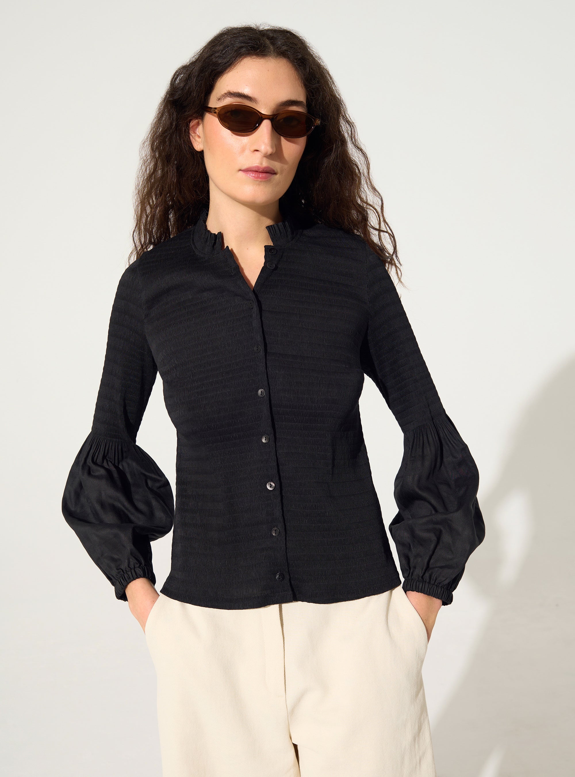 Black pleated fitted shirt