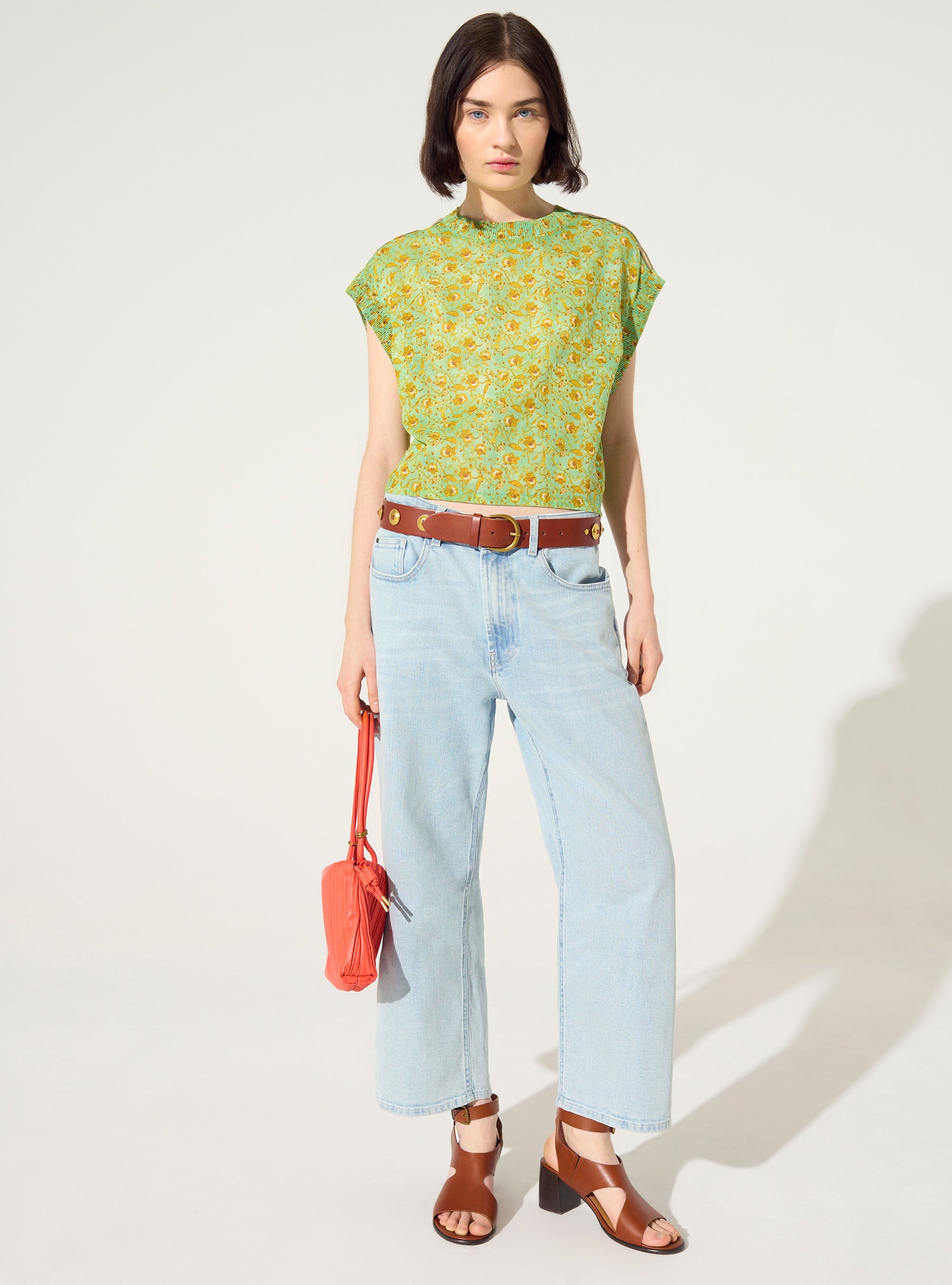 Fitted pleated printed blouse in green cotton