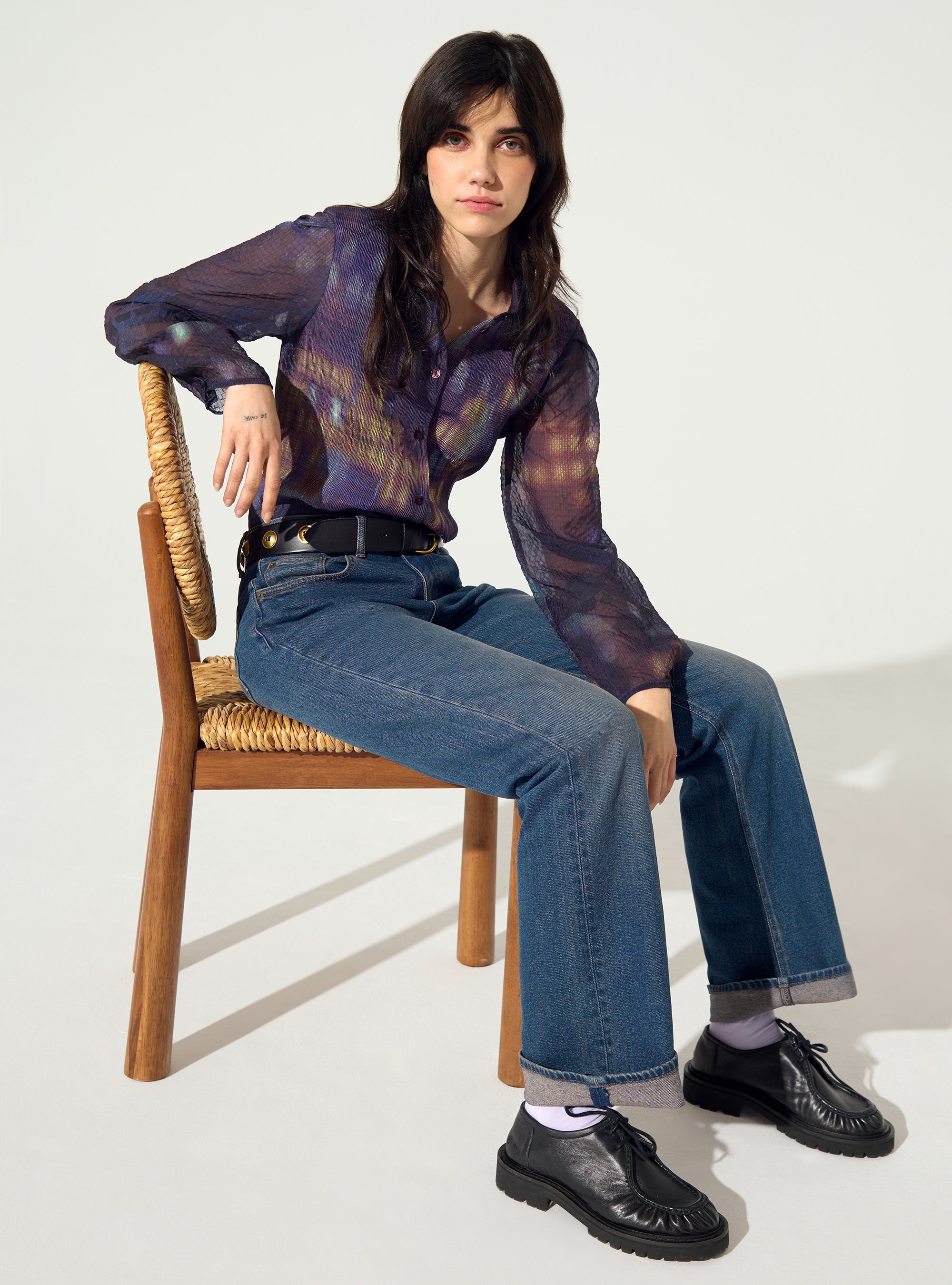 Purple house-print pleated fitted shirt