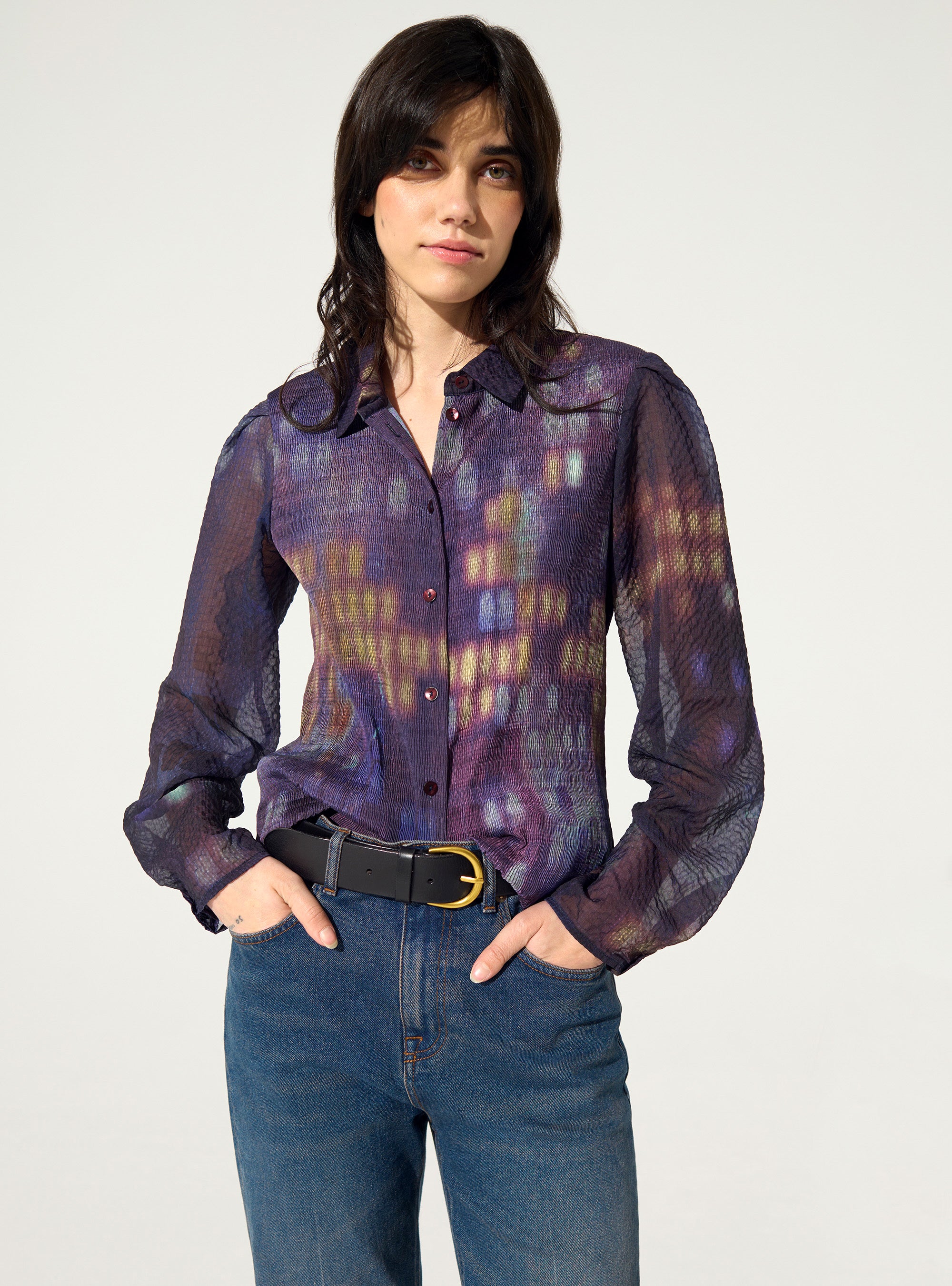 Purple house-print pleated fitted shirt