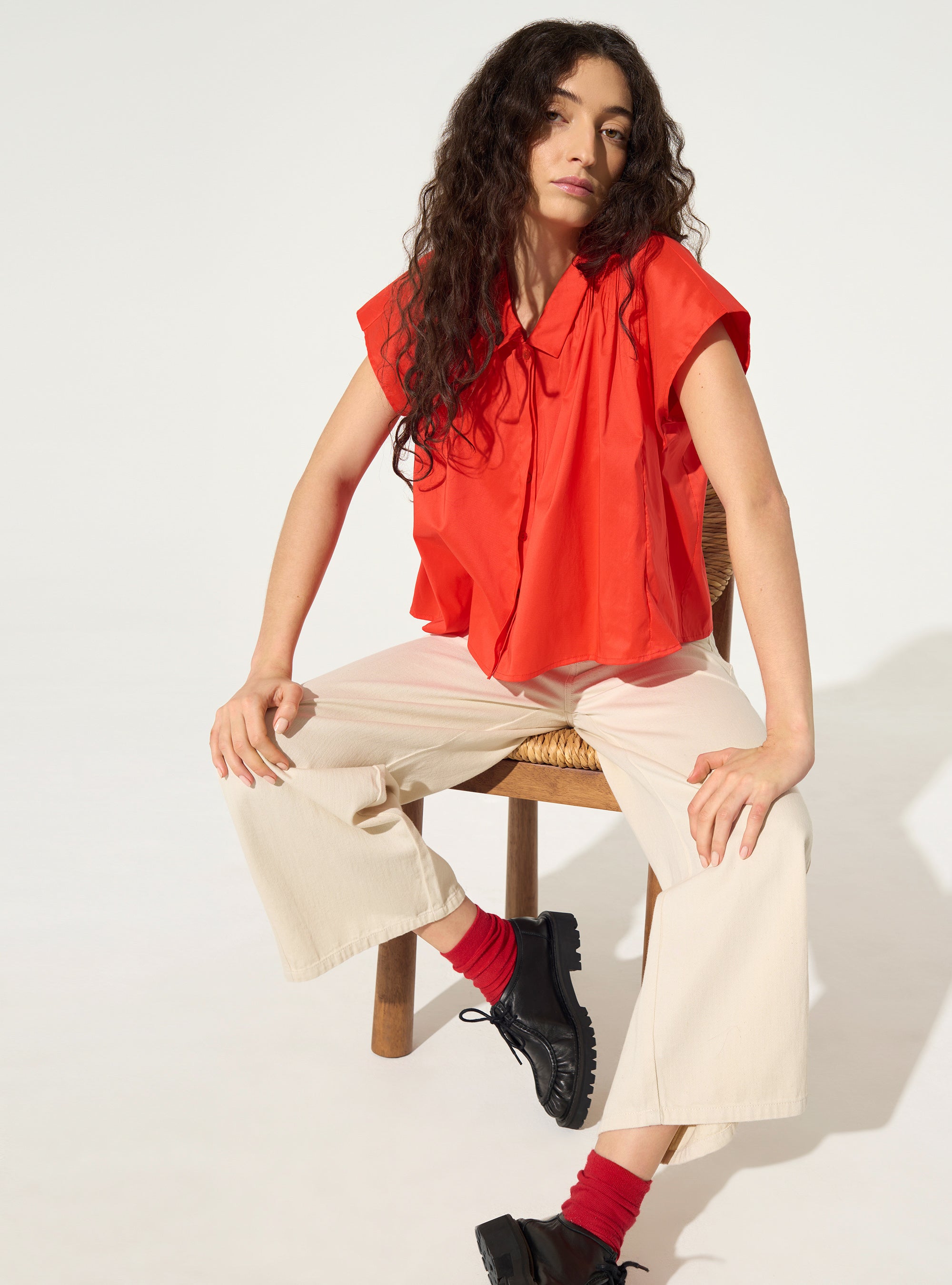 Oversized XXL pleated red cotton shirt