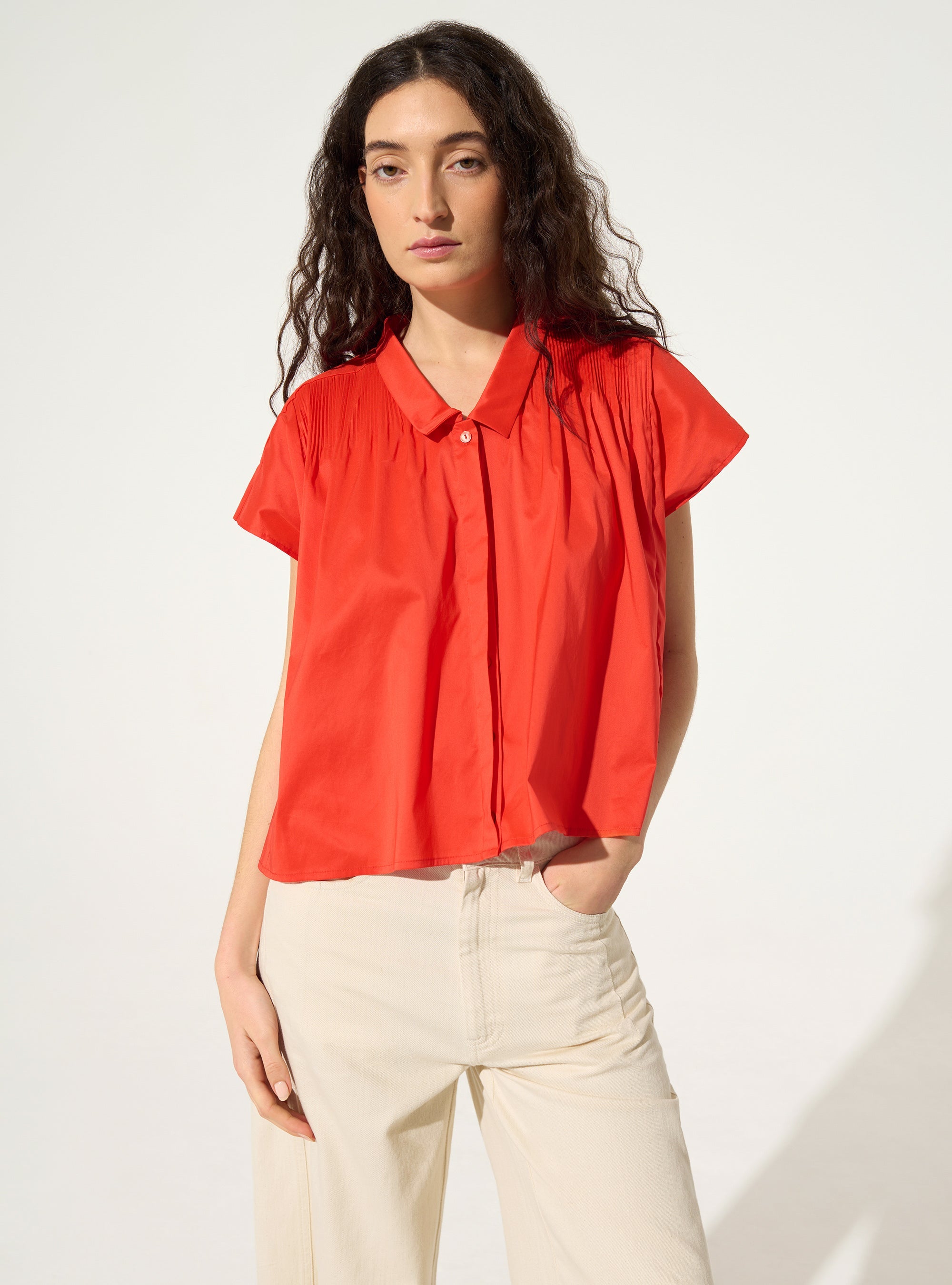 Oversized XXL pleated red cotton shirt