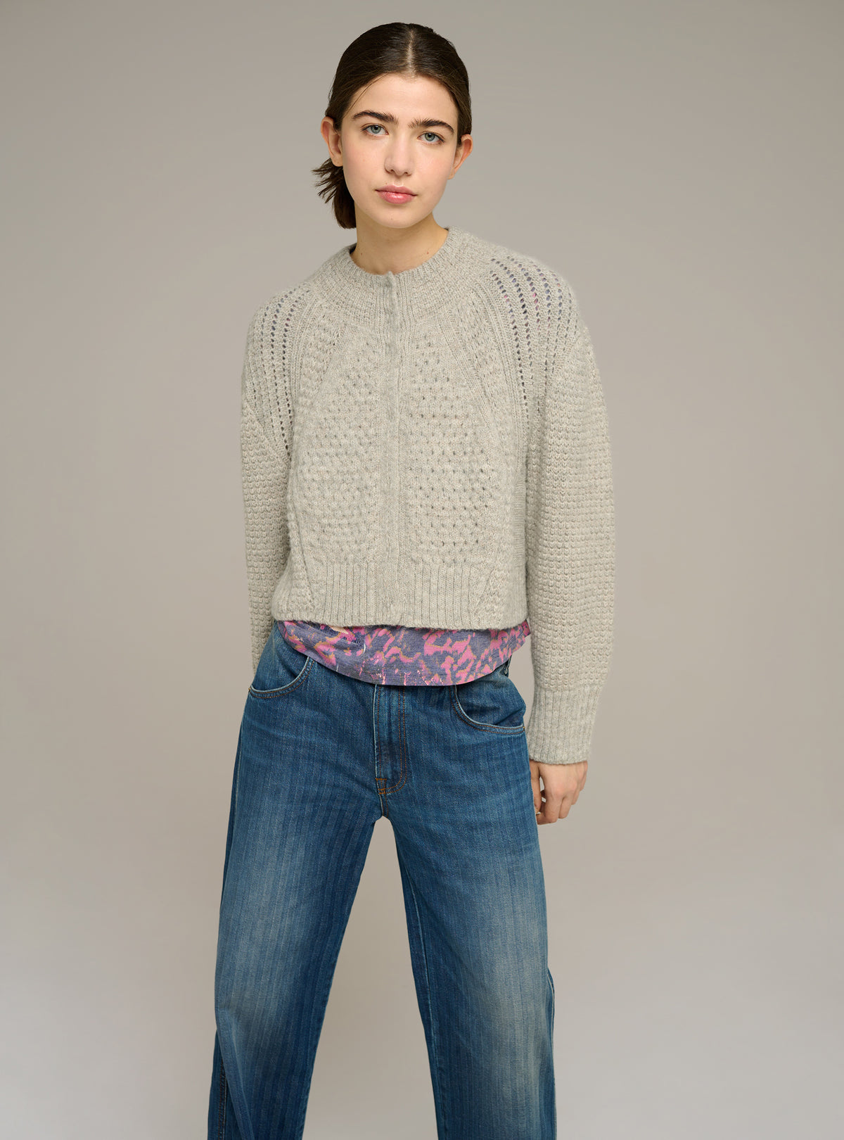 Cardigan col rond ajusté manches longues en maille ajourée