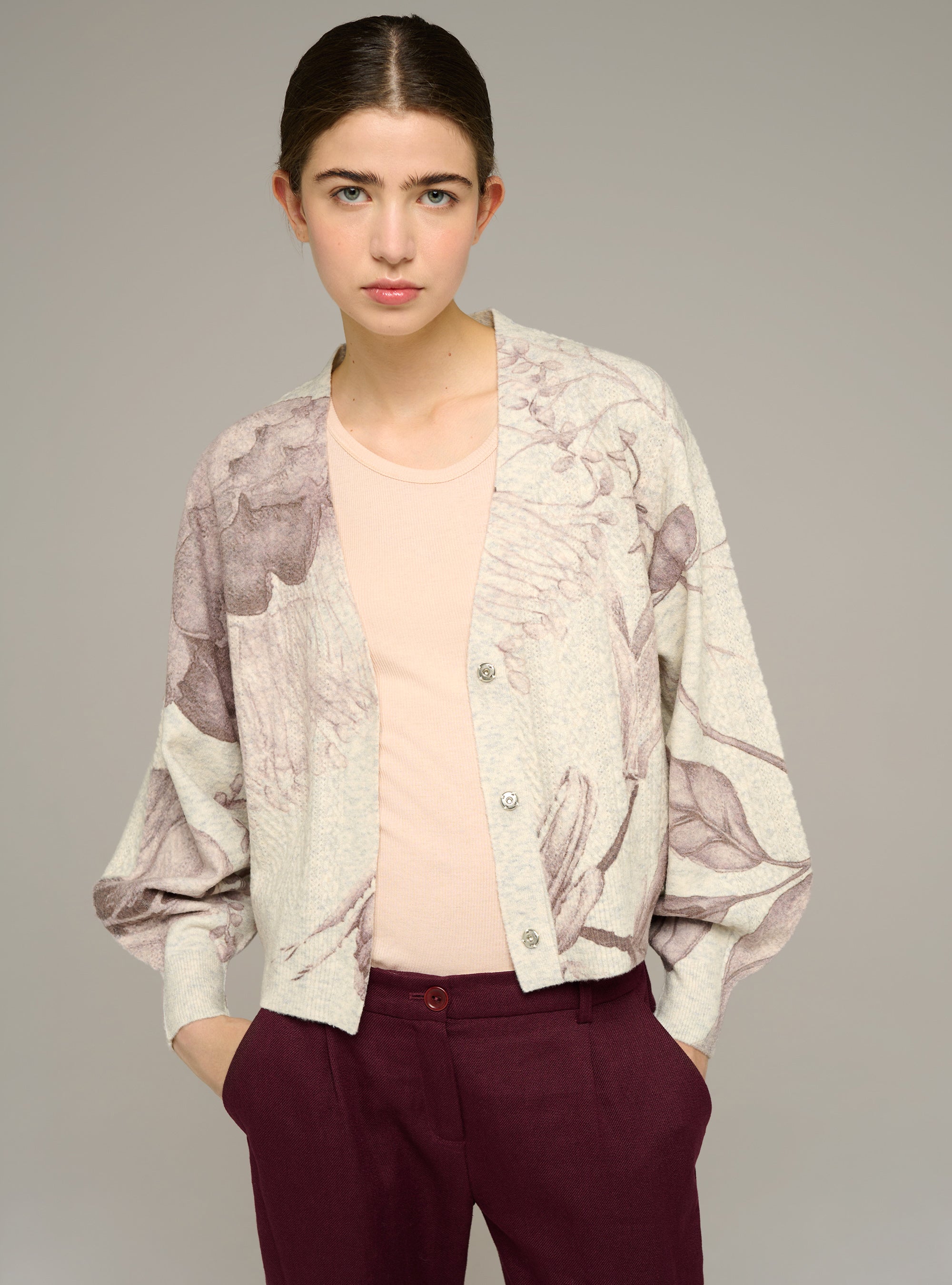 Cardigan imprimé gris à encolure V