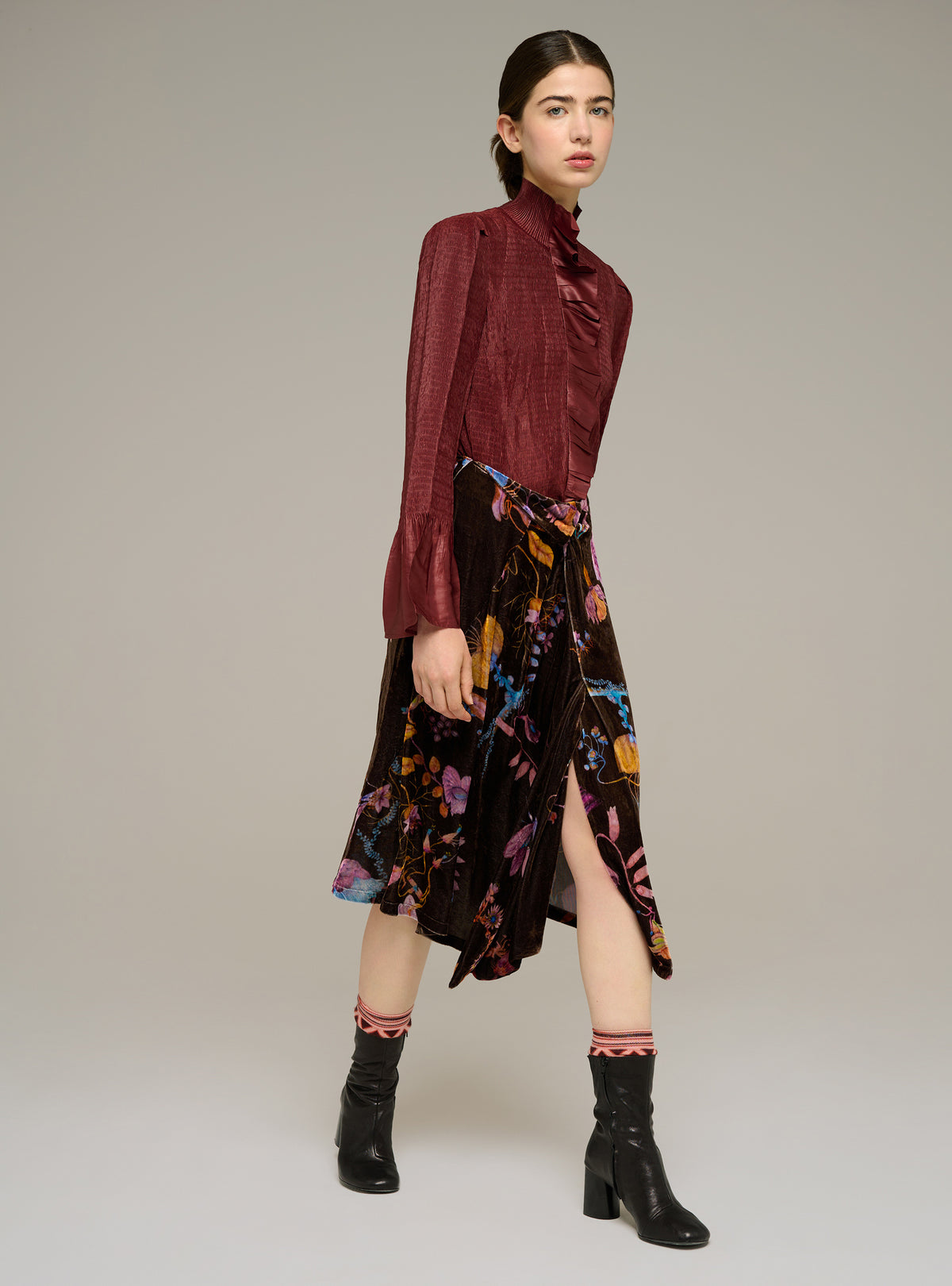 Long straight printed velvet skirt