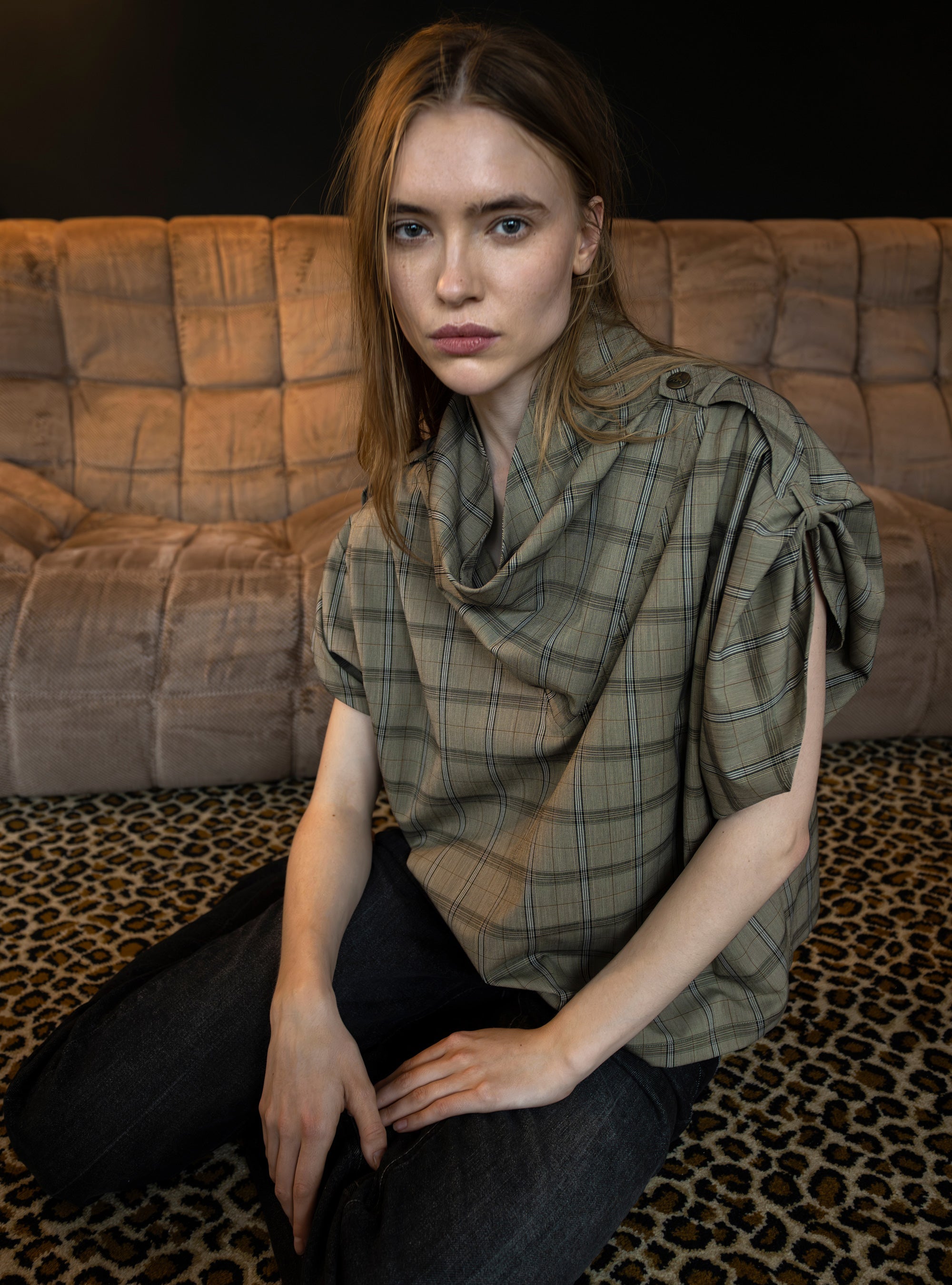 Blouse oversize col bénitier manches courtes à carreaux Cotélac