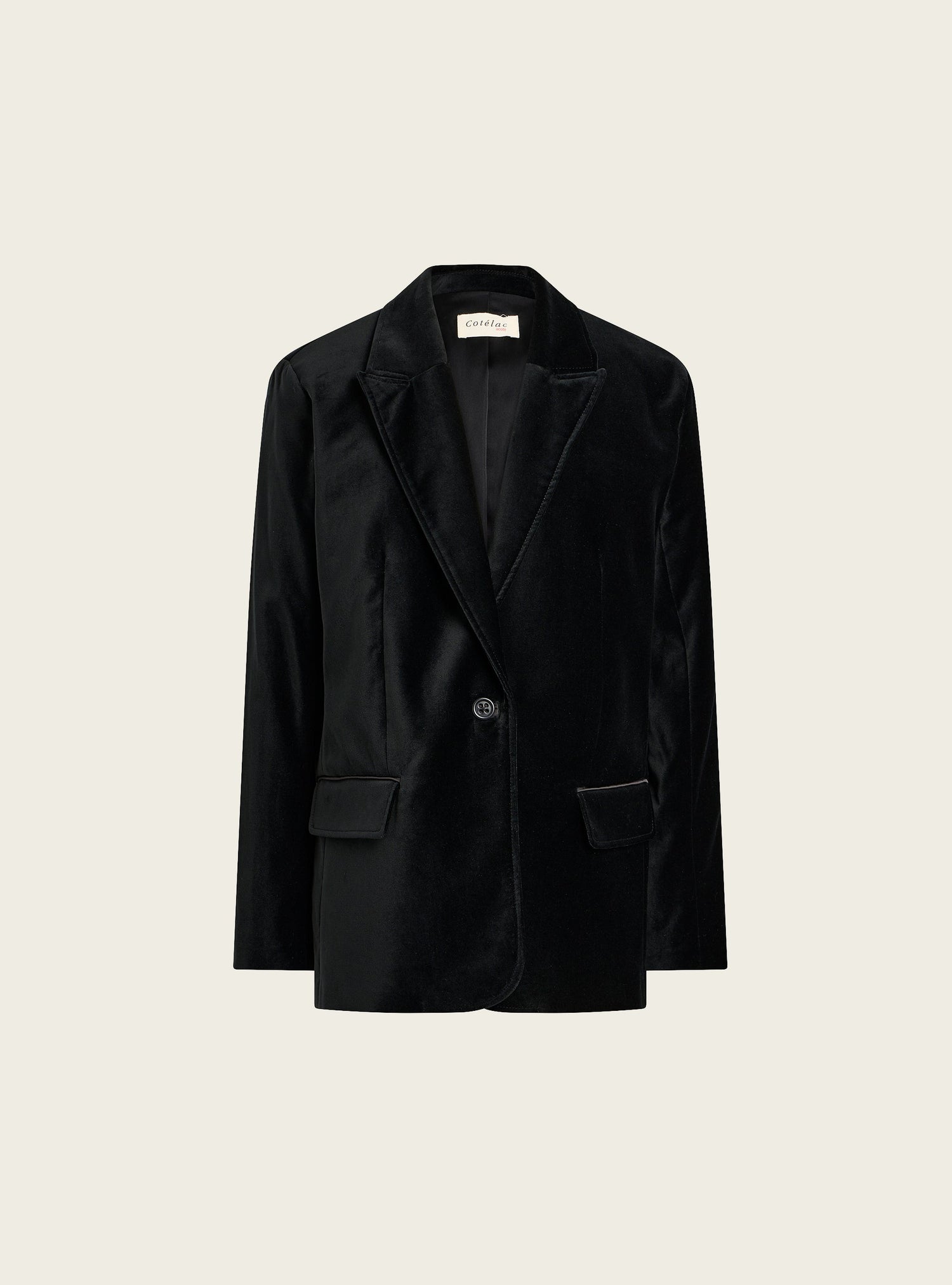 Blazer droit en velours ras acoté 
