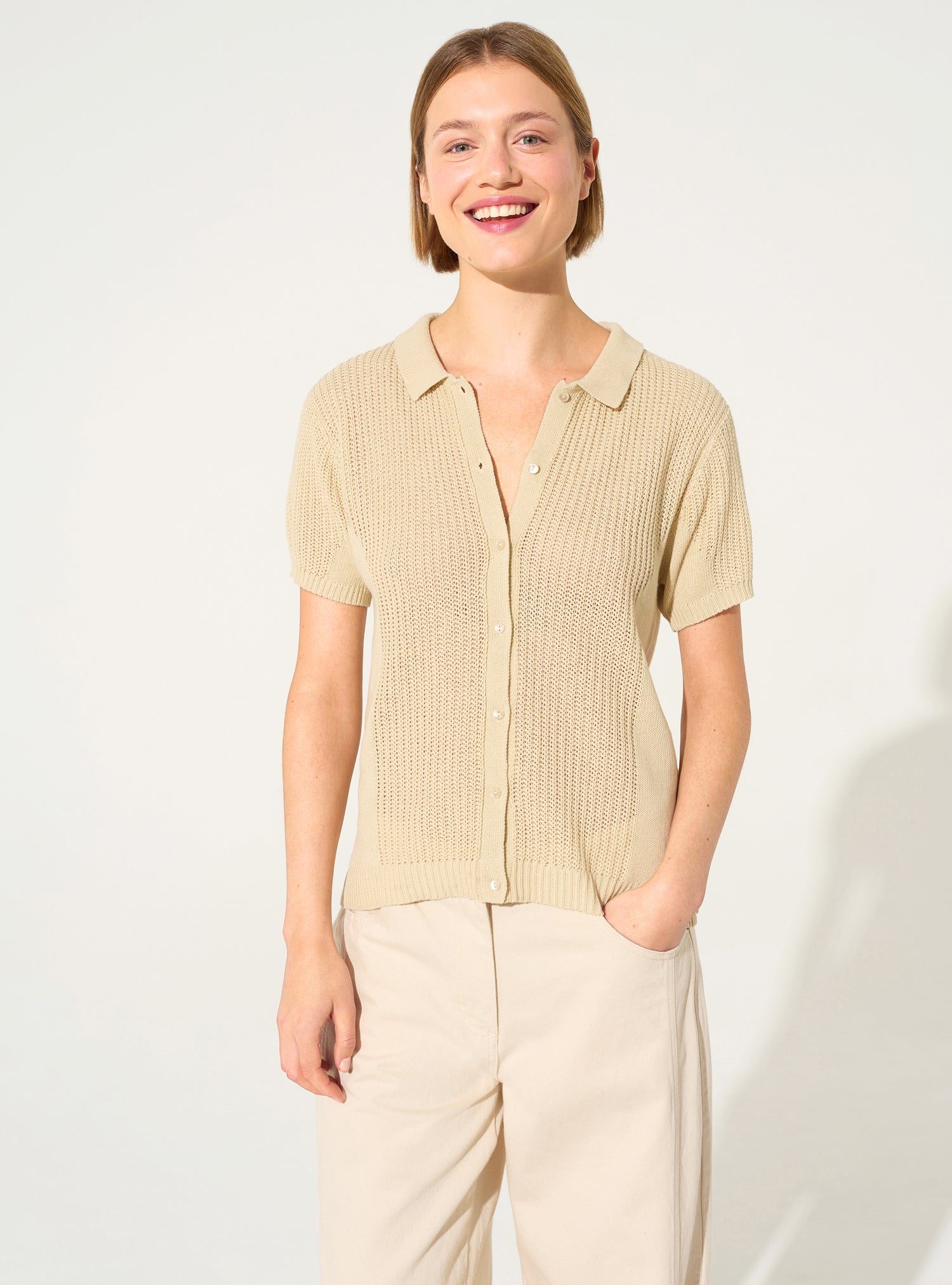 Polo en coton et lin blanc