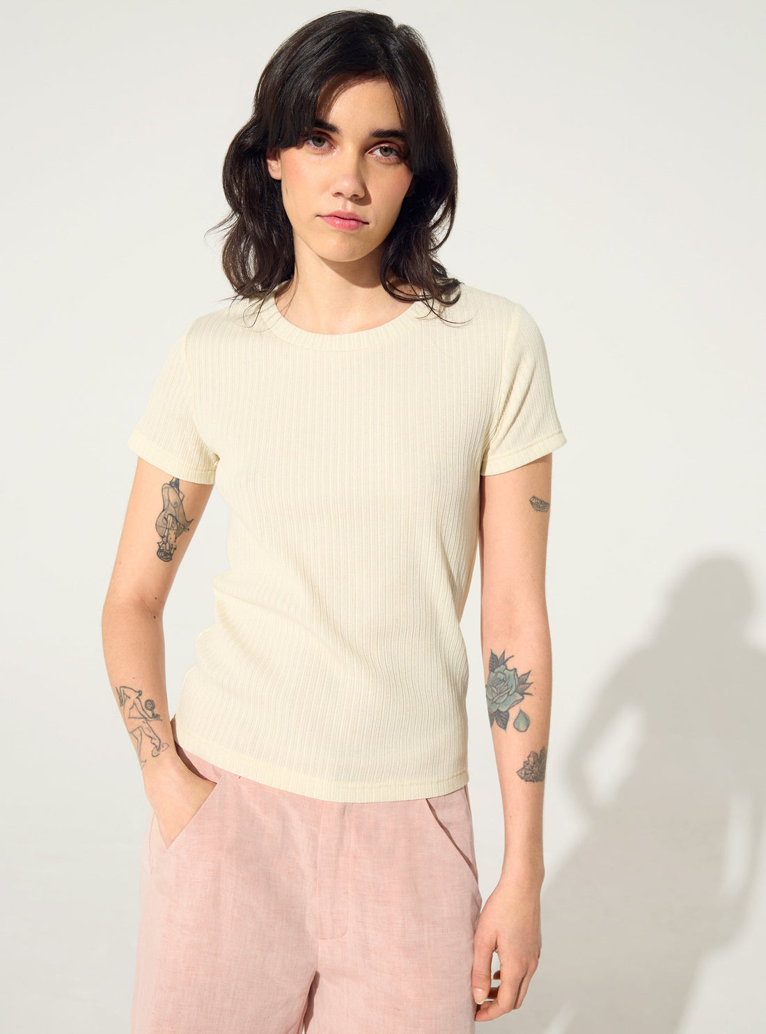 Fitted pleated white cotton T-shirt