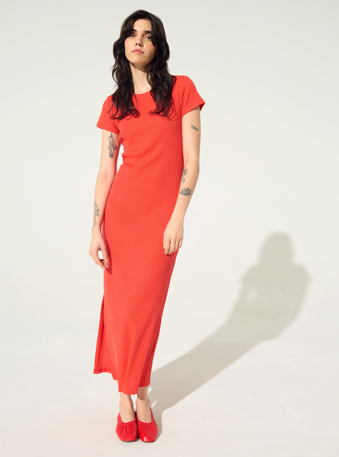 Robe ajustée plissée en coton rouge