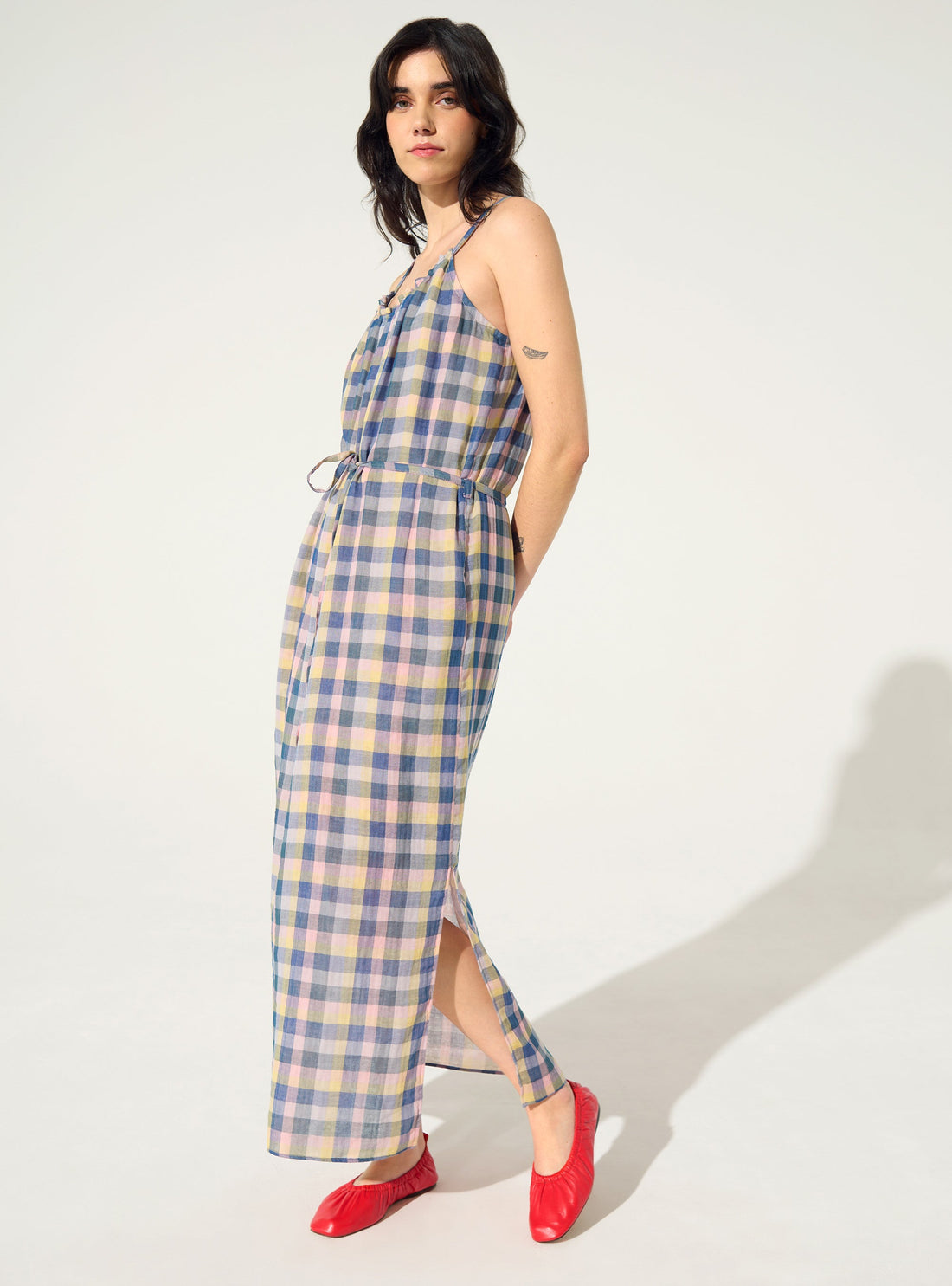 Gerade geschnittenes kariertes Baumwollkleid