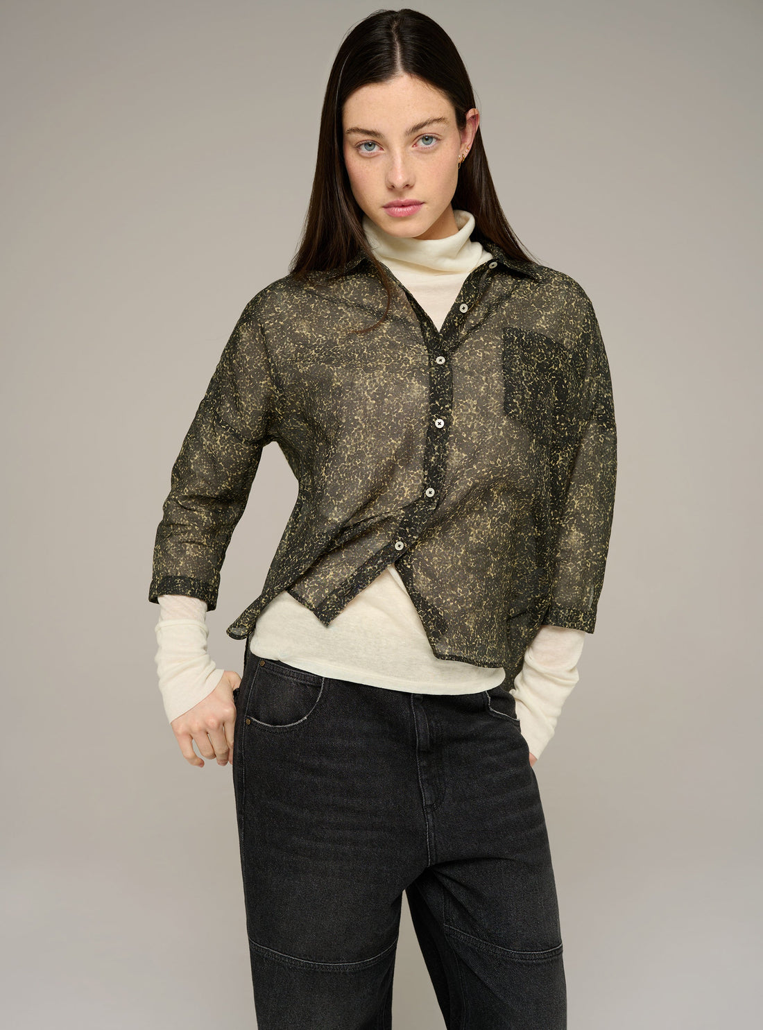 Cotélac acoté chemise manches longues imprimée en voile de coton et soie