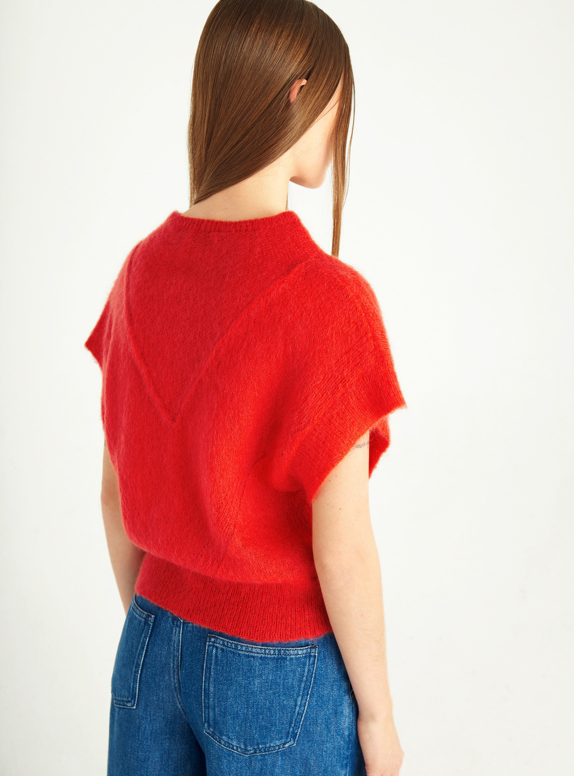 Short-sleeved brushed mohair sweater