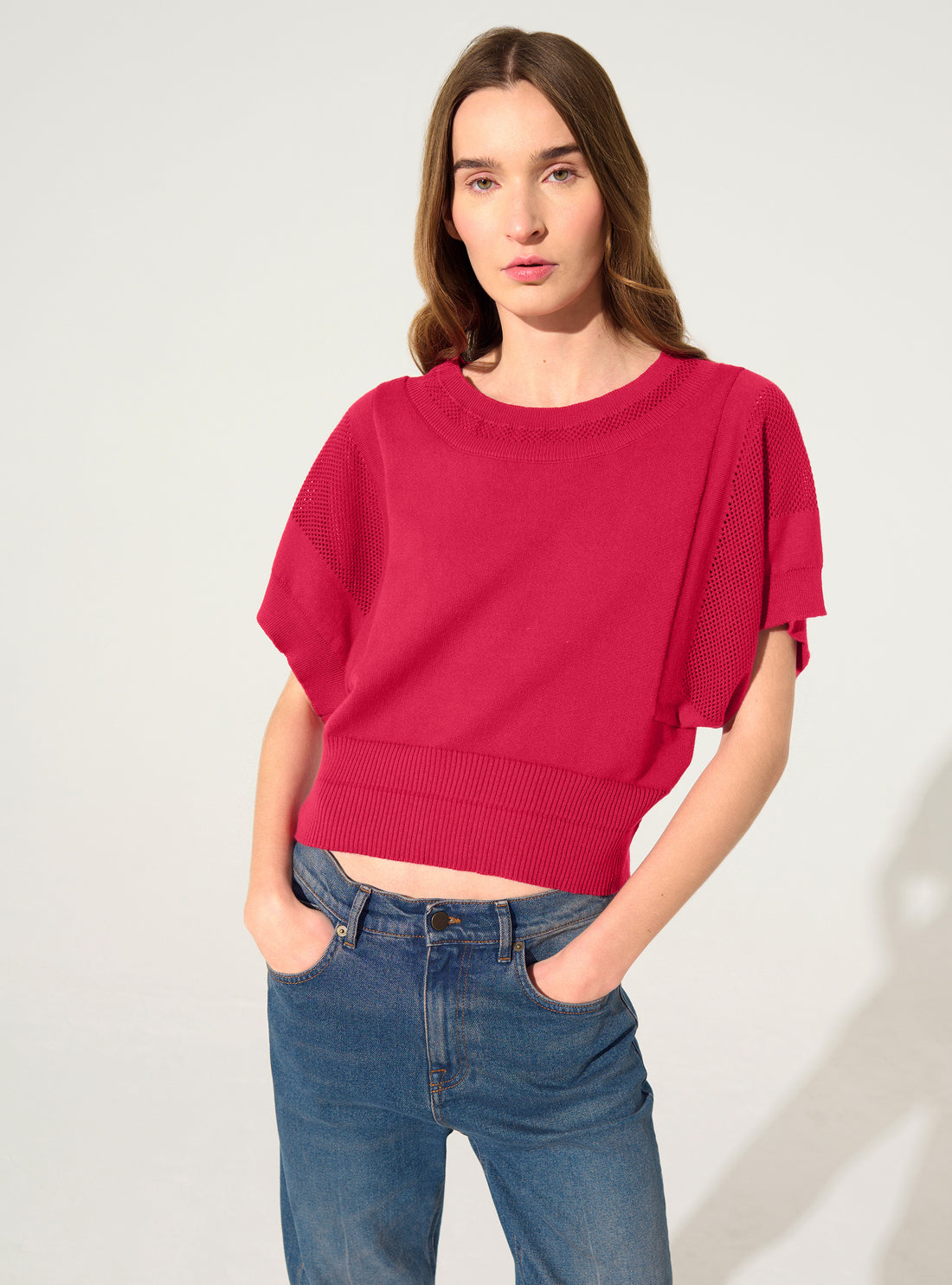 Red short-sleeved cotton and cashmere sweater