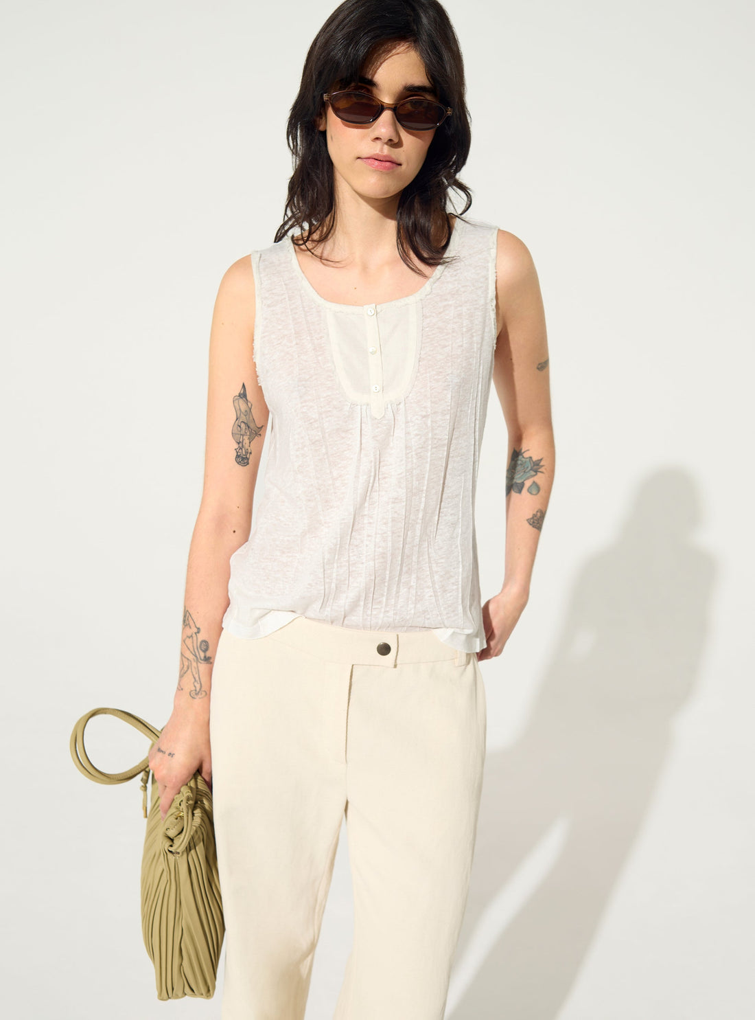 White pleated fitted tank top