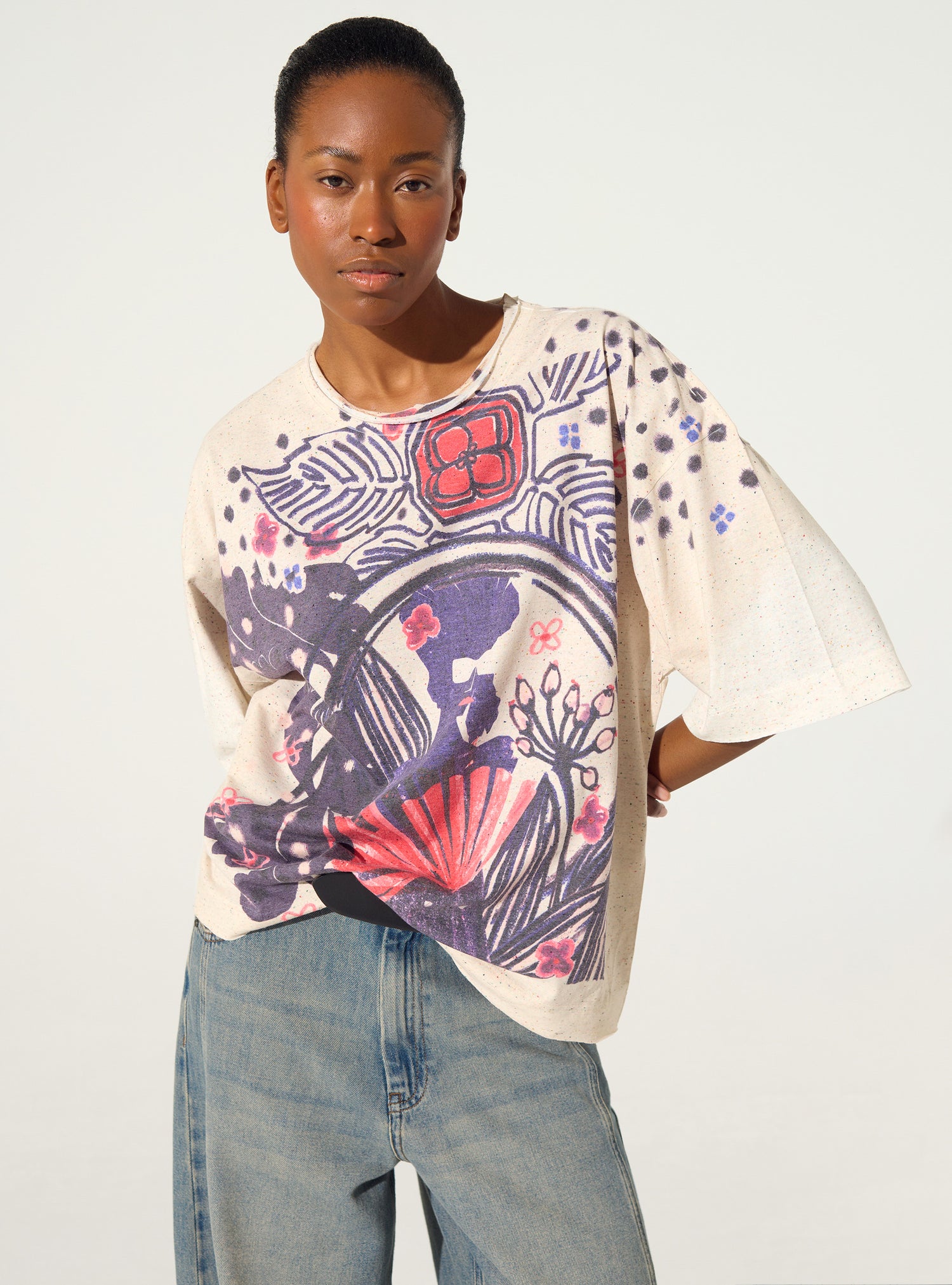 Purple pleated and sublimated T-shirt