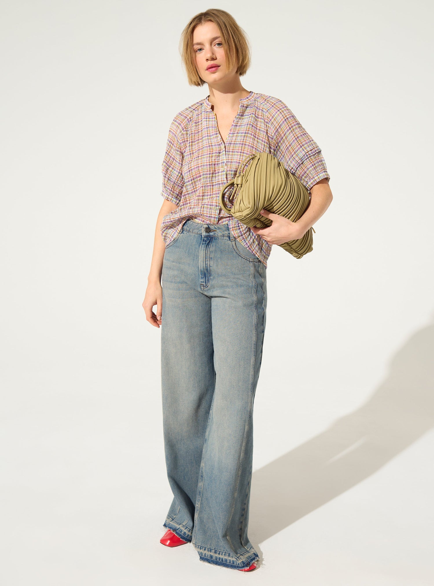 Chemise droite plissée en coton violet