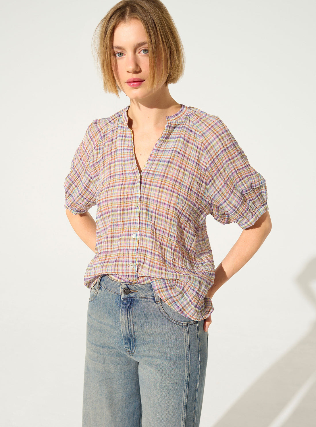 Chemise droite plissée en coton violet