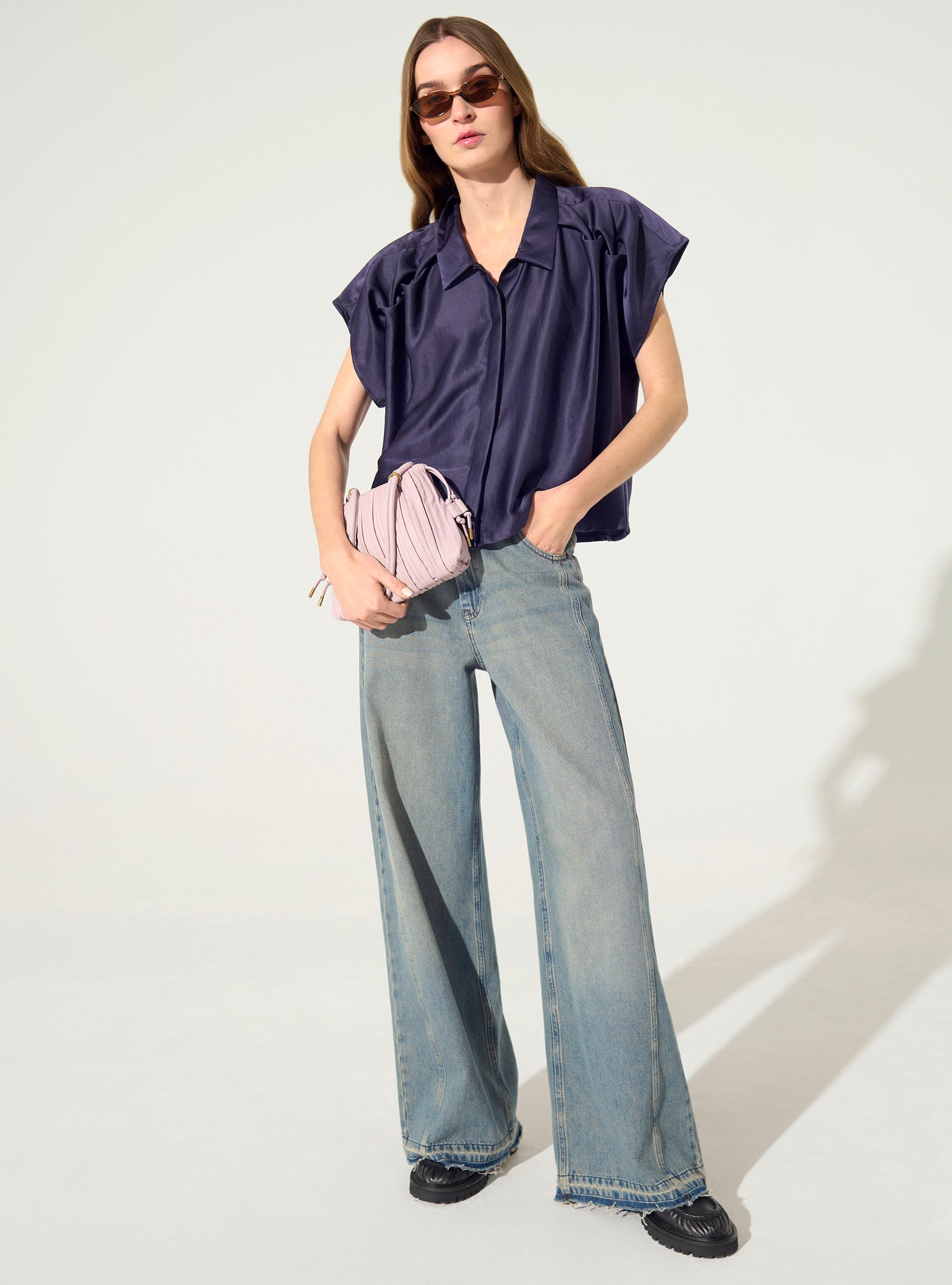 Chemise oversize plissée violet