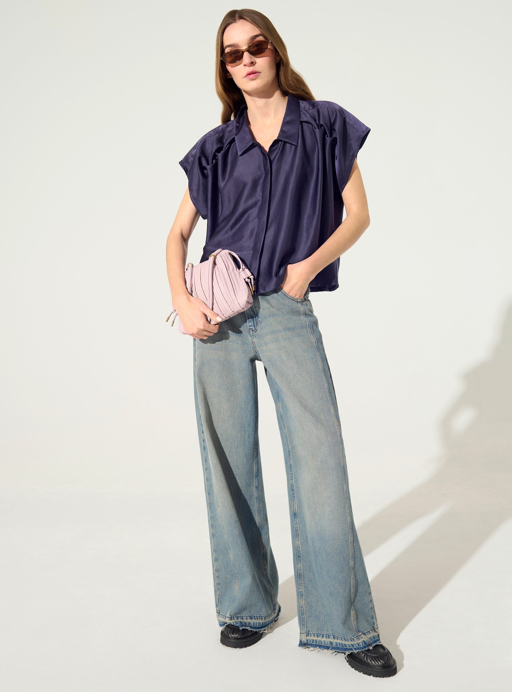 Chemise oversize plissée violet