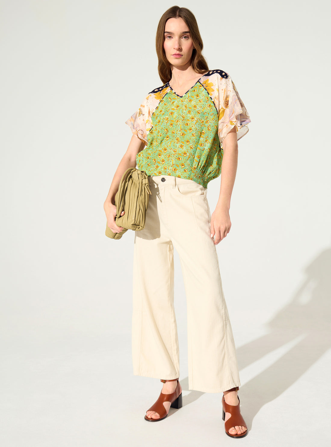 Green printed pleated oversized blouse