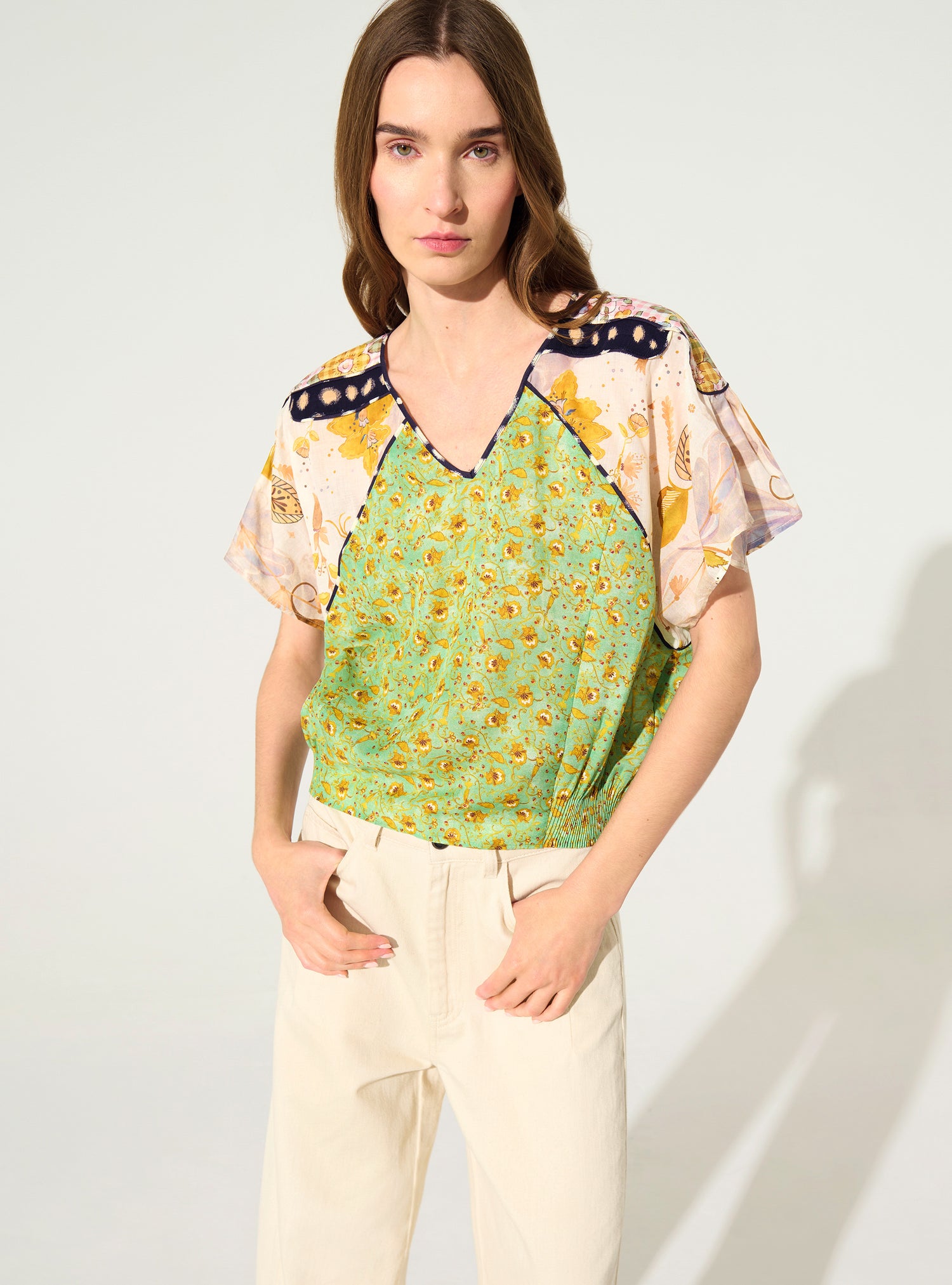 Green printed pleated oversized blouse