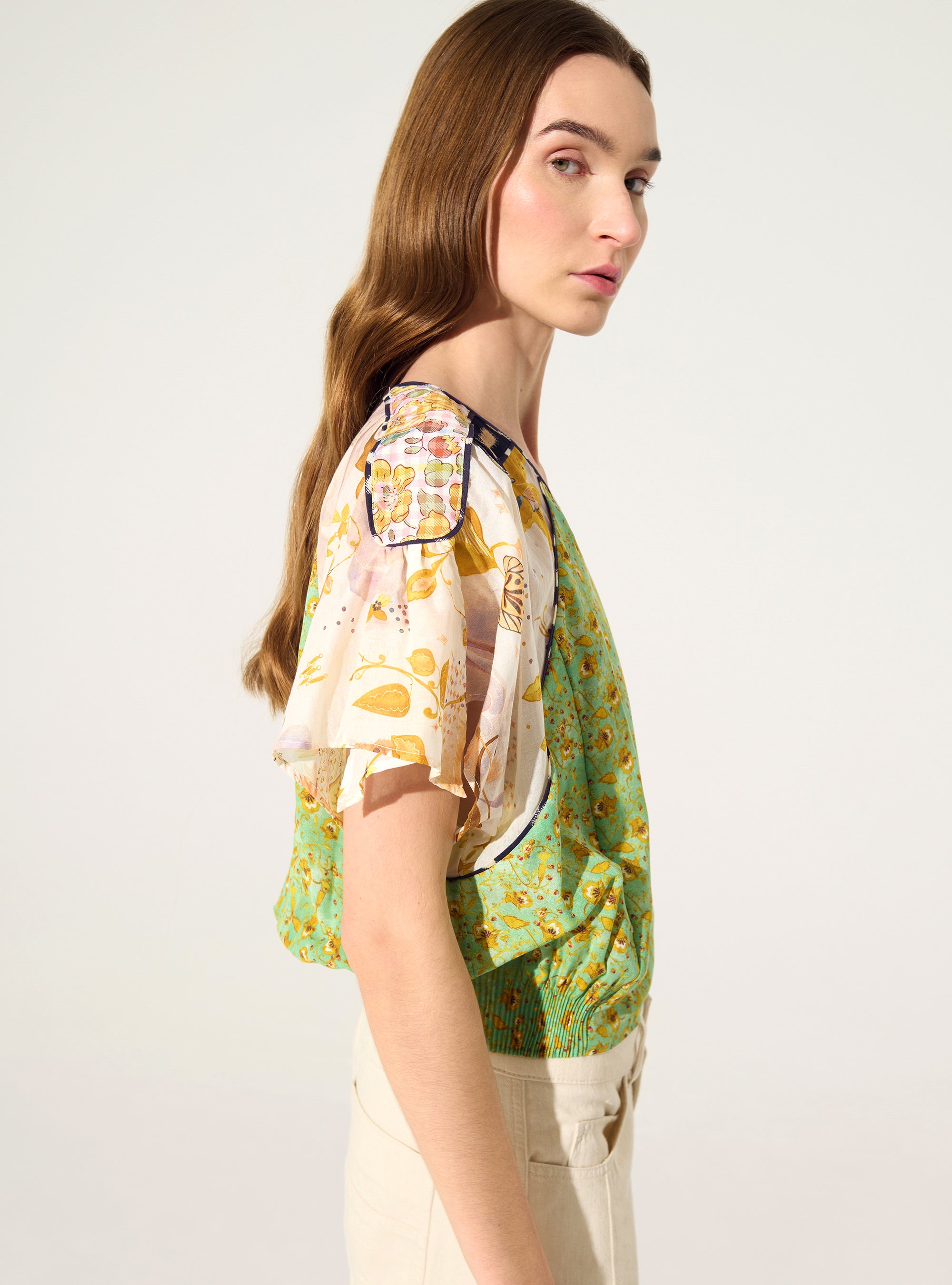 Green printed pleated oversized blouse