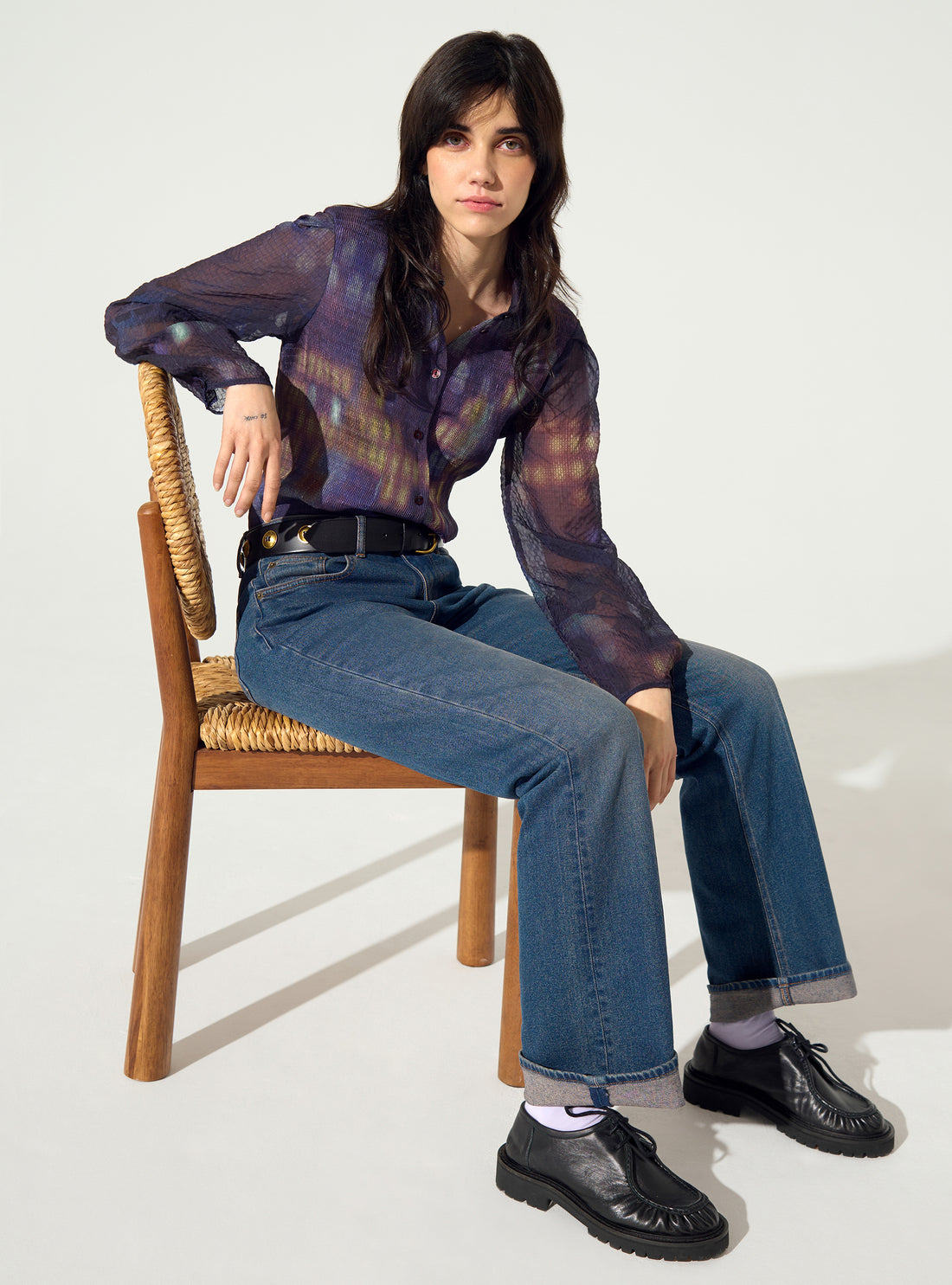 Lila Hemd mit Hausmuster, plissiert, tailliert