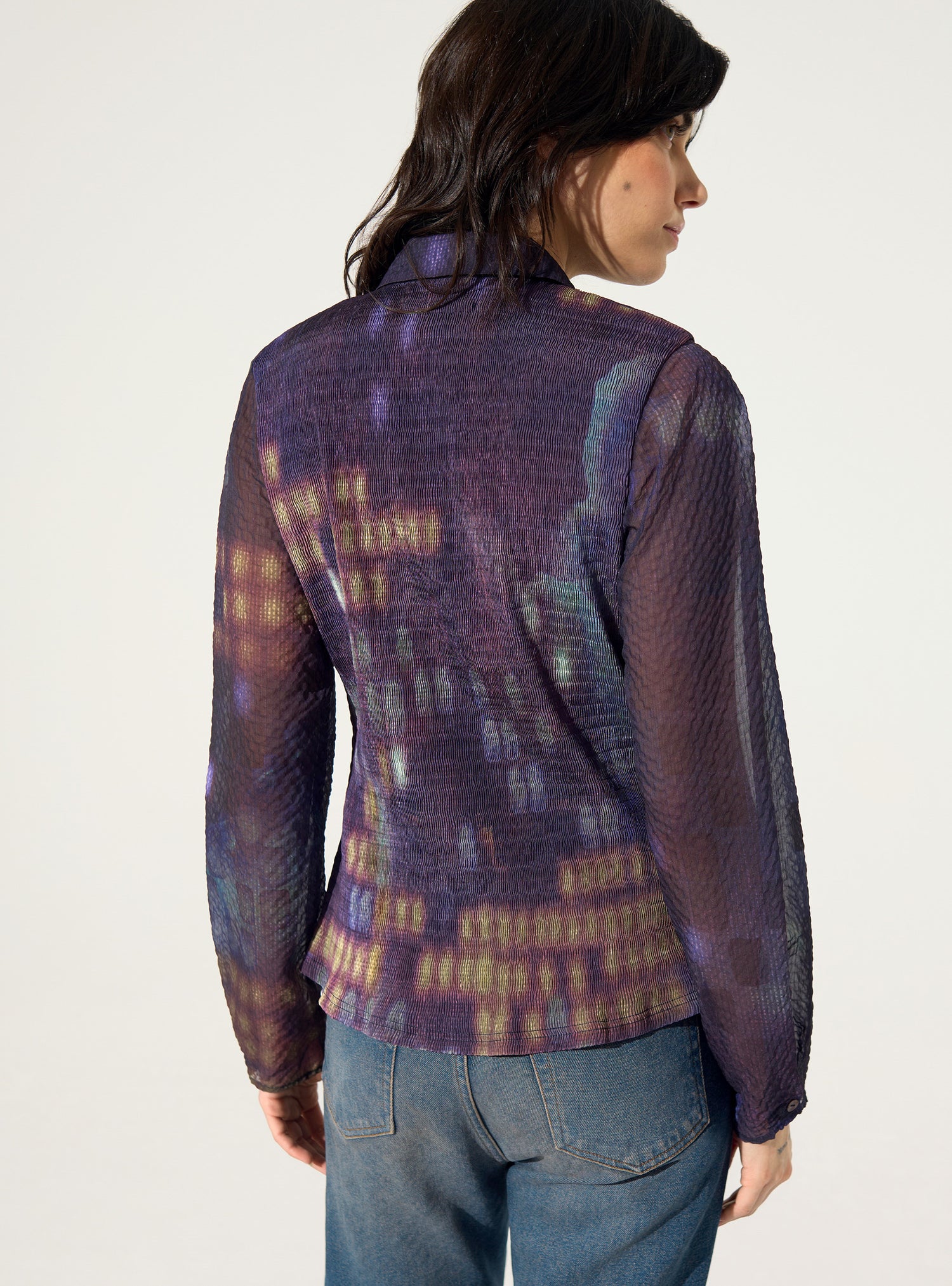 Lila Hemd mit Hausmuster, plissiert, tailliert