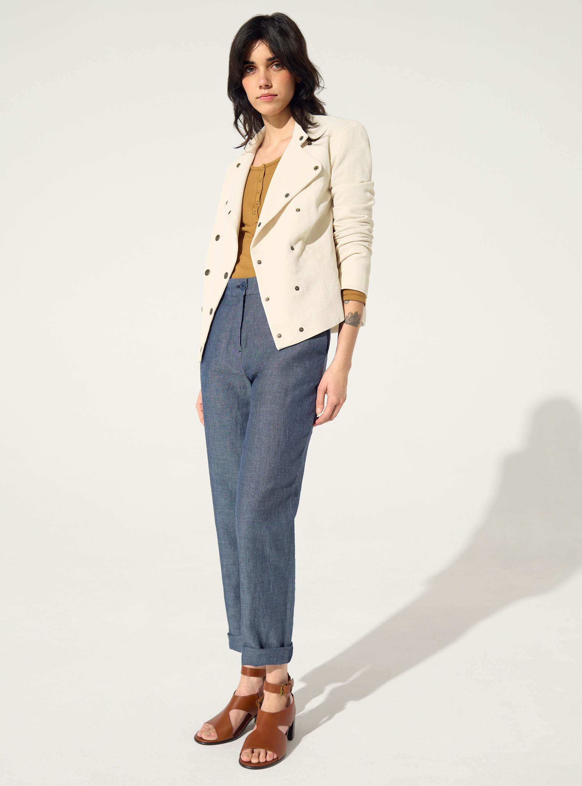 Pantalon droit en lin et coton bleu