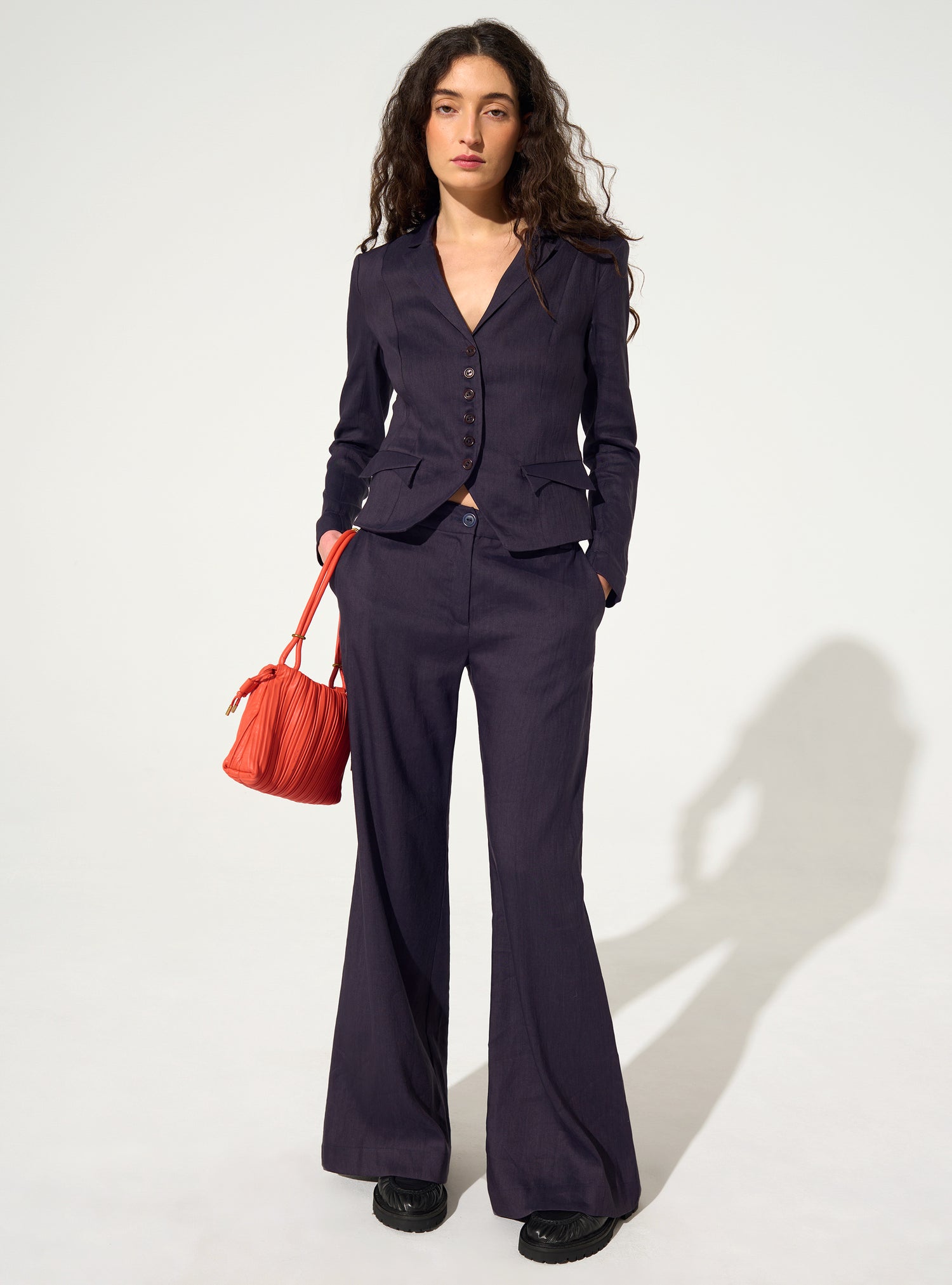 Fitted printed jacket in purple linen