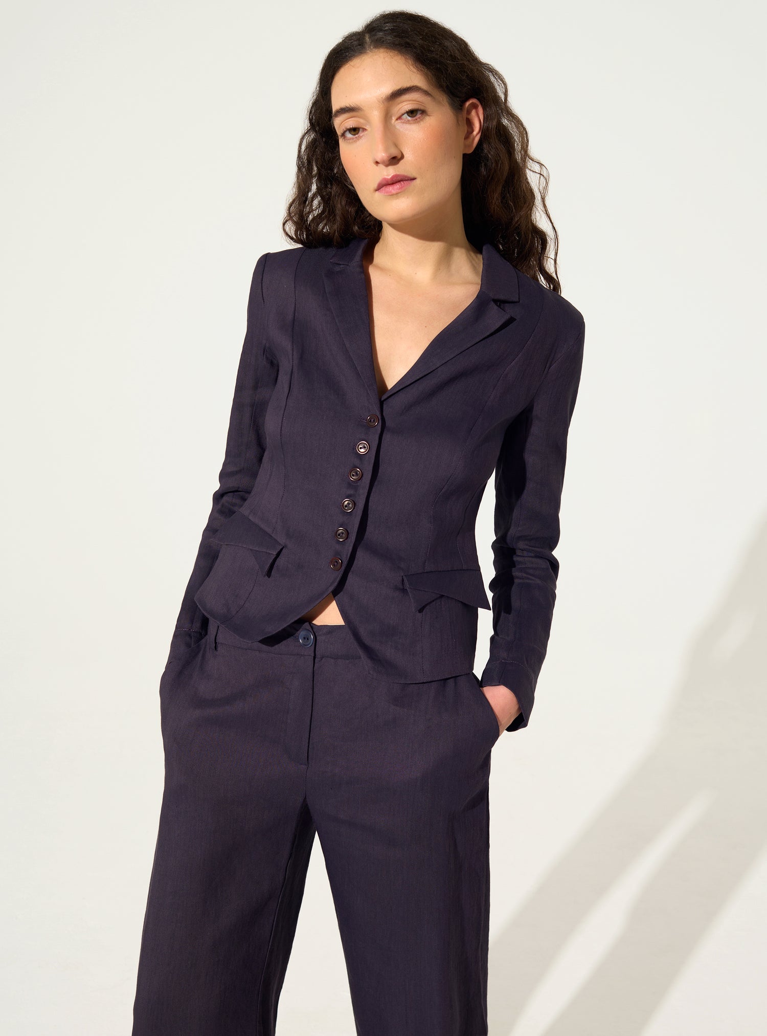 Fitted printed jacket in purple linen