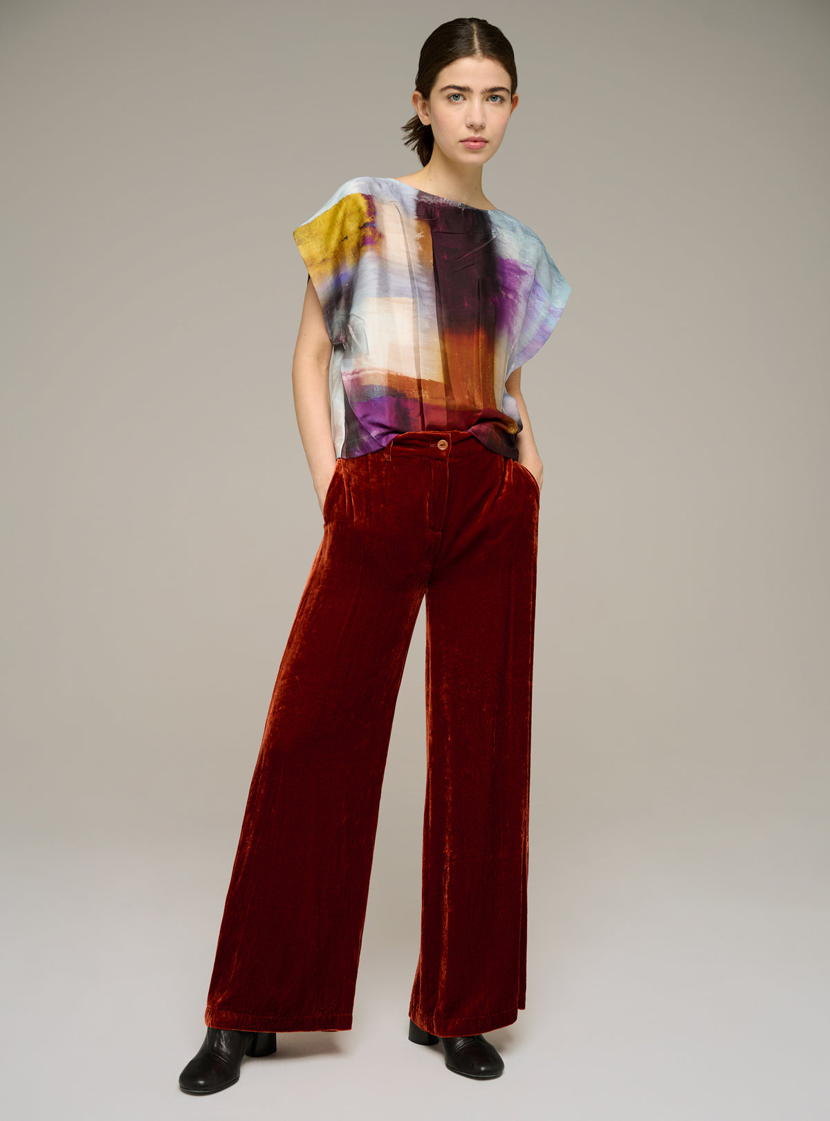 Wide-leg viscose and silk velvet trousers